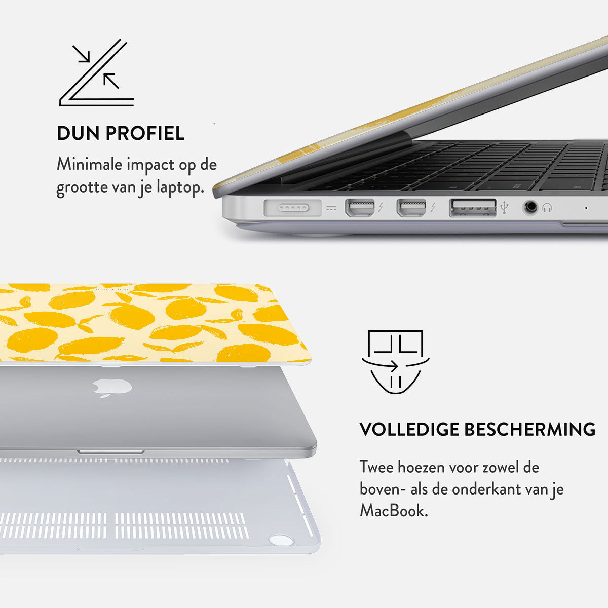A laptop with a lemon-patterned cover is shown. The cover is made of three layers, two for protection and the top one with the pattern.