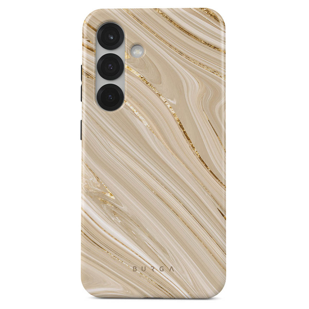 Une coque de smartphone avec un motif de marbre beige et des veines dorées. Elle possède un ensemble de caméras et le logo de la marque est visible en bas.