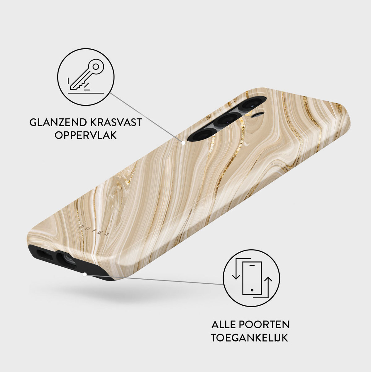 Coque de téléphone avec design marbré. Elle a une surface brillante et résistante aux rayures, tous les ports accessibles. L'étui est beige avec des veines dorées.