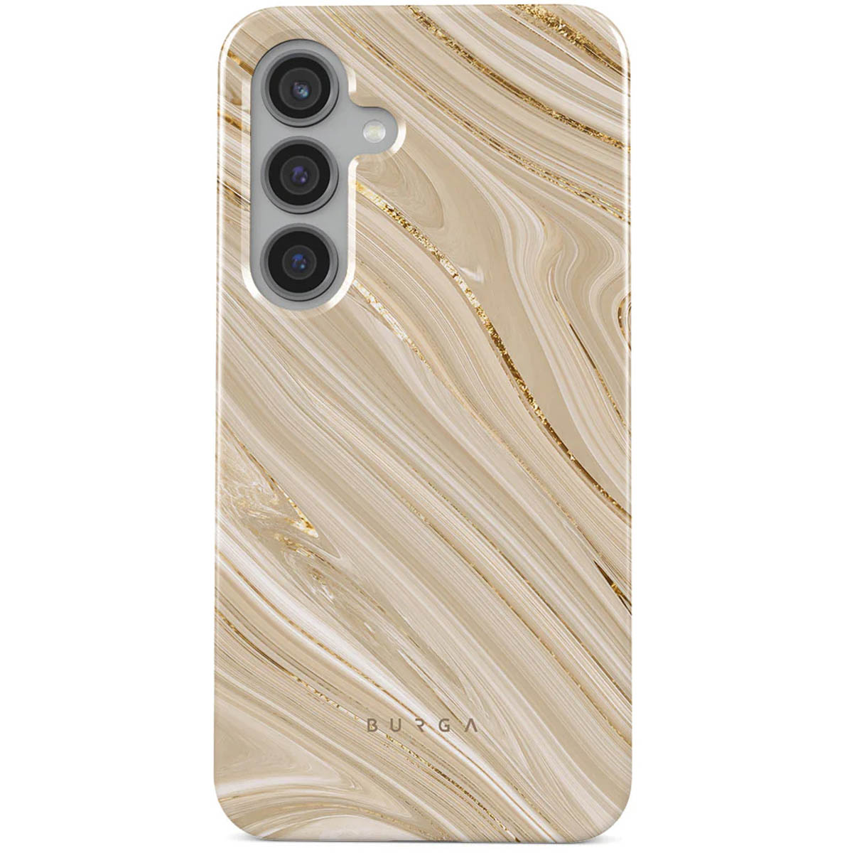 Coque de téléphone avec motif marbré. Tourbillons beiges et blancs avec veines dorées. Trois lentilles de caméra en haut. Marque 'BURGA'.