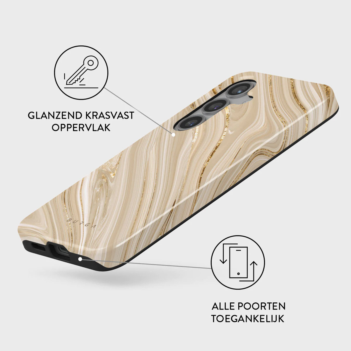Une coque de téléphone avec un design marbré. Elle a des accents dorés et une surface brillante. Bords noirs et découpe caméra visibles.