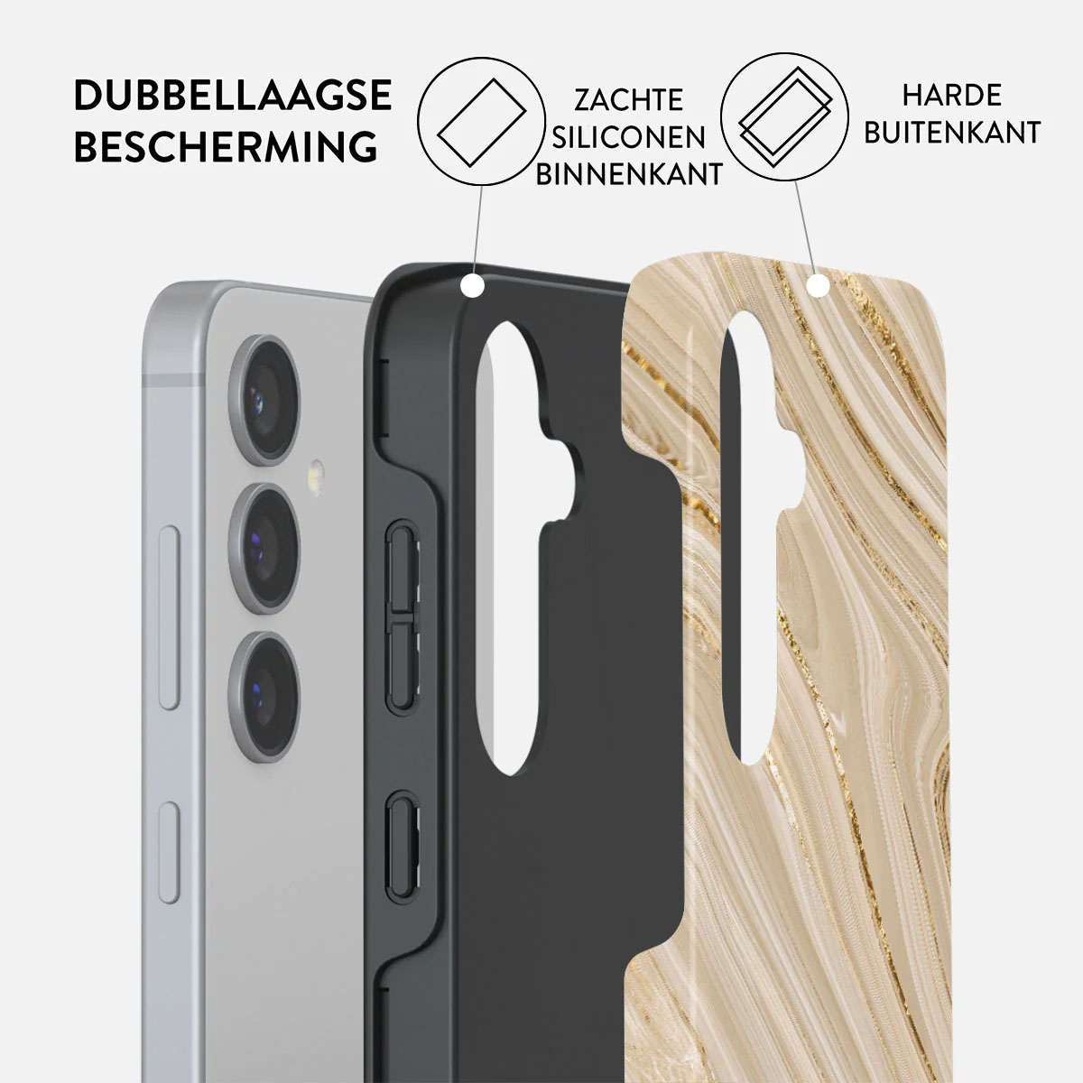 Une coque de téléphone avec un design multicouche, comprenant un contour de téléphone, une couche interne noire et une couche externe à motifs avec des accents dorés.