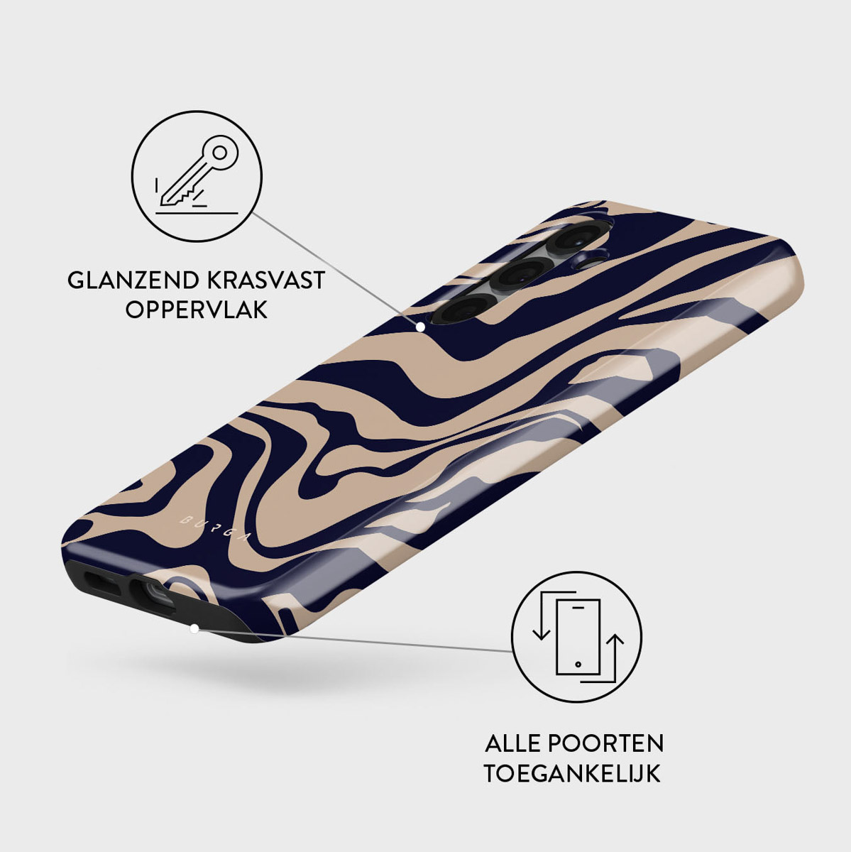 Handyhülle mit einem marineblauen und beigefarbenen Wirbelmuster. Es hat eine glänzende, kratzfeste Oberfläche. Text sagt: 'Alle Anschlüsse zugänglich'.