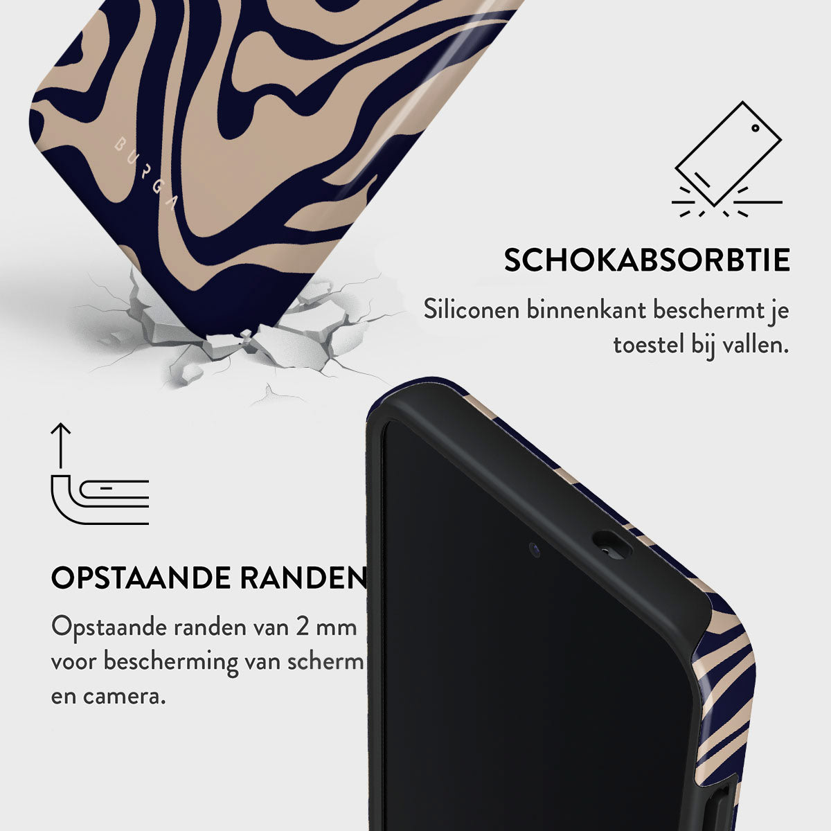 Handyhülle mit blauem und beigem Muster. Eigenschaften: Stoßdämpfung, erhöhte Kanten zum Schutz von Bildschirm und Kamera.