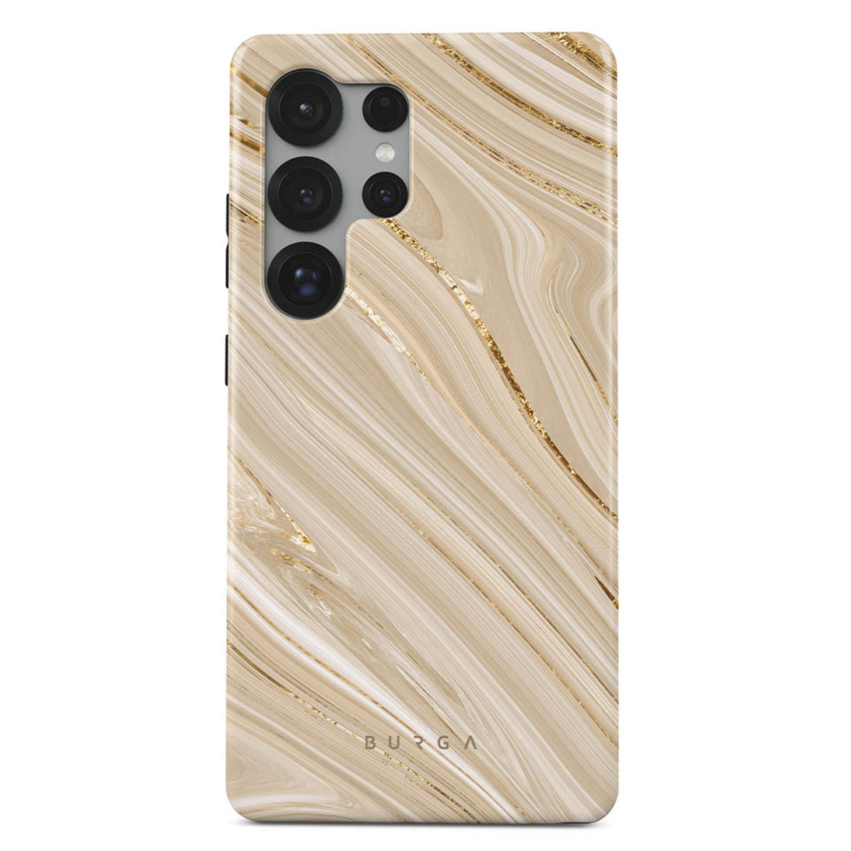 Smartphonehoesje met een marmerachtig design in beige en goud. De hoes heeft een cameramodule en het merk 'BURGA' is zichtbaar.
