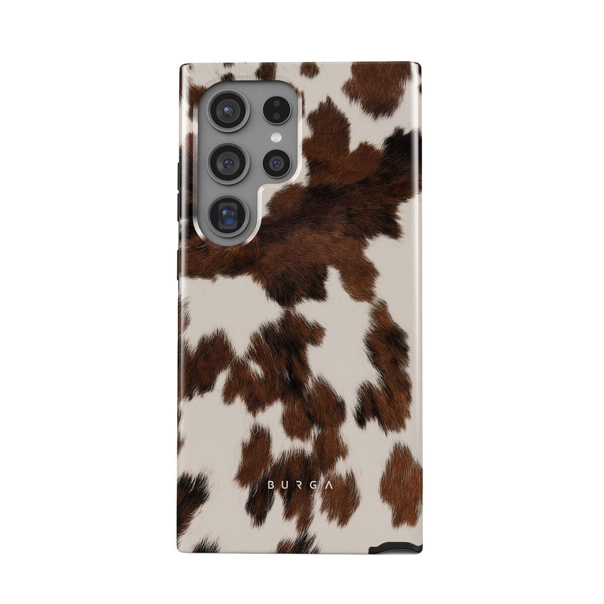 Telefoonhoesje met koeienhuidpatroon. Bruine en witte vlekken op een lichtbeige achtergrond. Meerdere cameralenzen bovenaan.