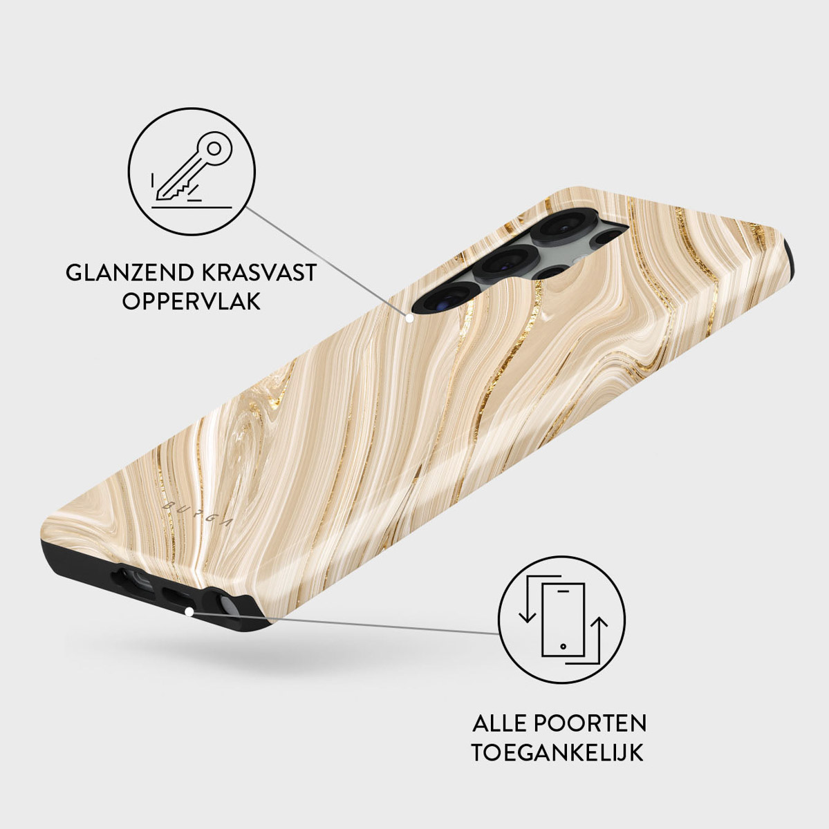Een telefoonhoesje met marmerdesign, beige en gouden tinten. Kenmerken zijn krasbestendigheid, glanzend oppervlak en toegankelijke poorten.