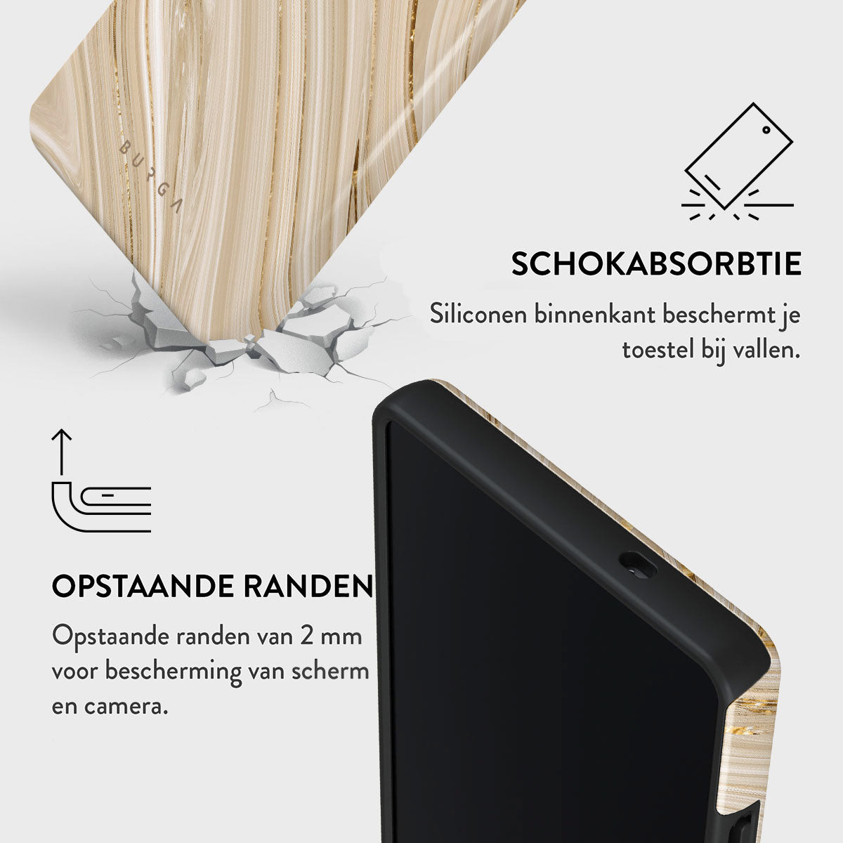 Er wordt een telefoonhoesje met een marmerdesign getoond. Tekst benadrukt schokabsorptie en verhoogde randen voor scherm- en camerabescherming.