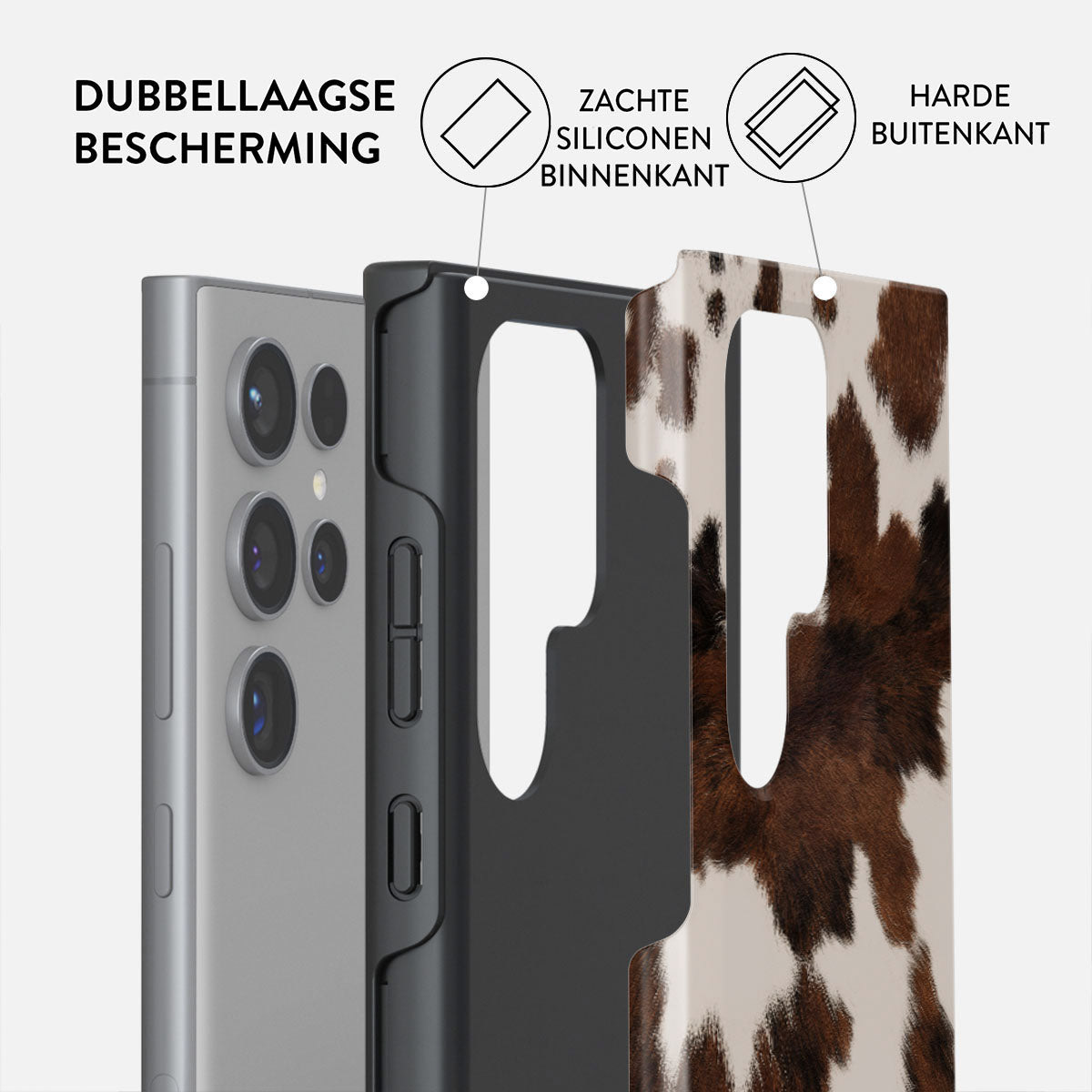 Een telefoon met een beschermhoesje. De hoes bestaat uit lagen: een telefoon, een zwarte laag en een koeienhuidpatroon.