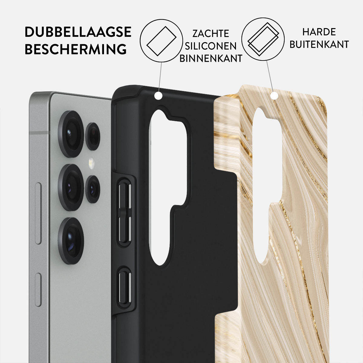 Telefoonhoesje met lagen. Tekstlabels: dubbellaagse bescherming, zachte siliconen binnenkant, harde buitenkant. Telefoon zichtbaar links.