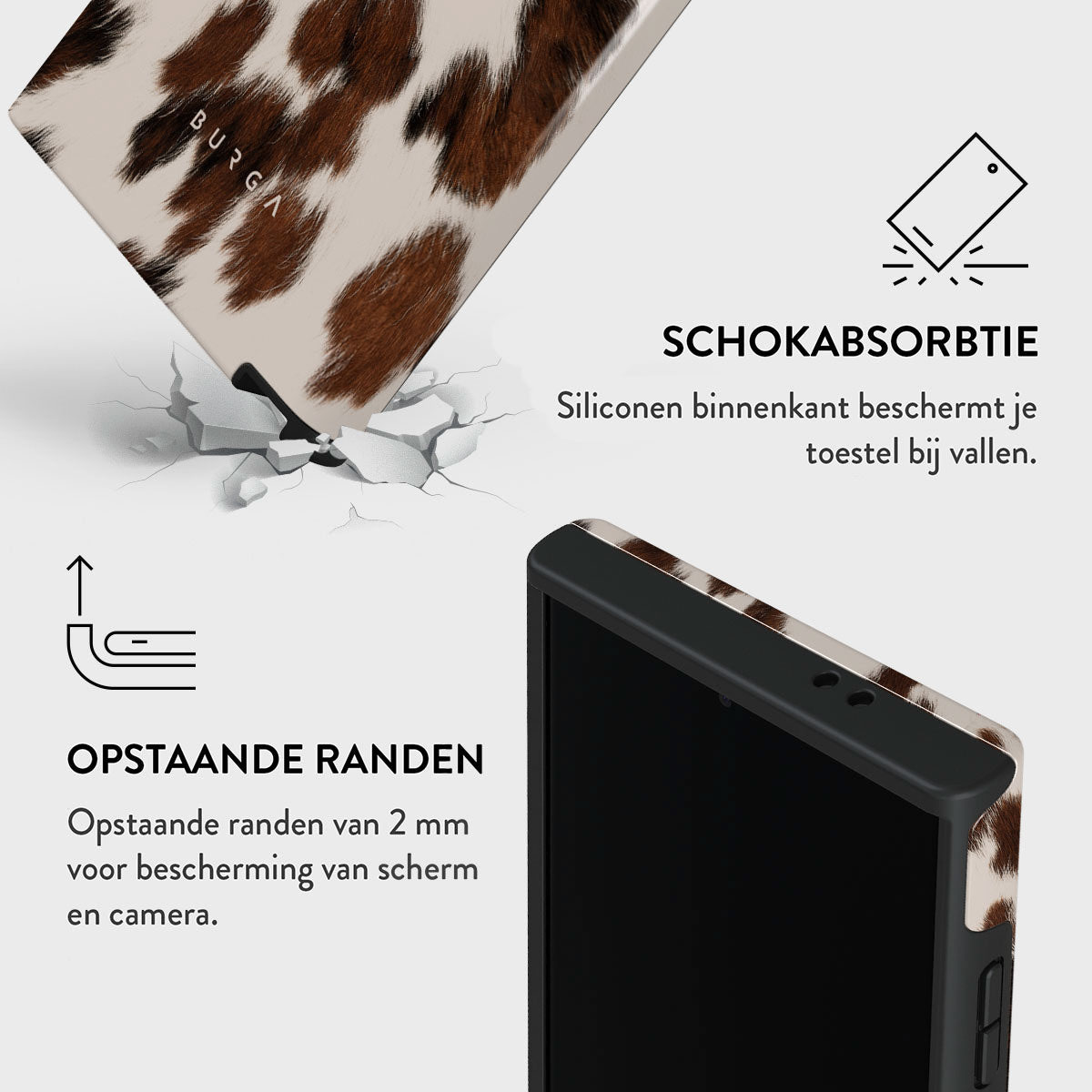Een telefoonhoesje met een koeienhuidpatroon wordt getoond. De tekst beschrijft schokabsorptie en verhoogde randen voor scherm- en camerabescherming.