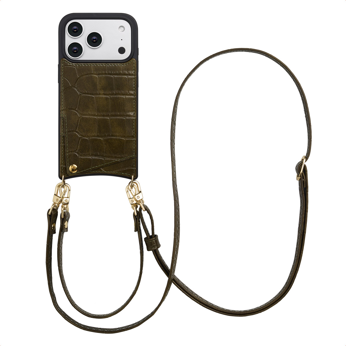 Coque de téléphone vert olive avec une sangle. L'étui a une finition texturée. La quincaillerie dorée et un téléphone noir sont visibles.