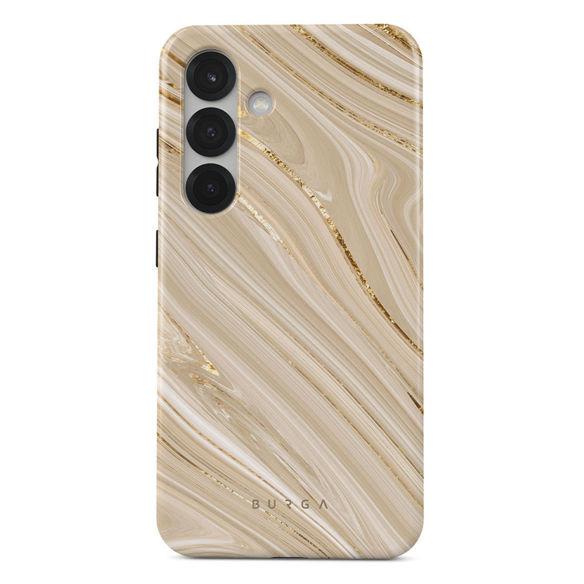 Coque de téléphone avec un motif marbré. Tourbillons beiges et blancs avec des stries dorées. Trois lentilles et un flash sont visibles.
