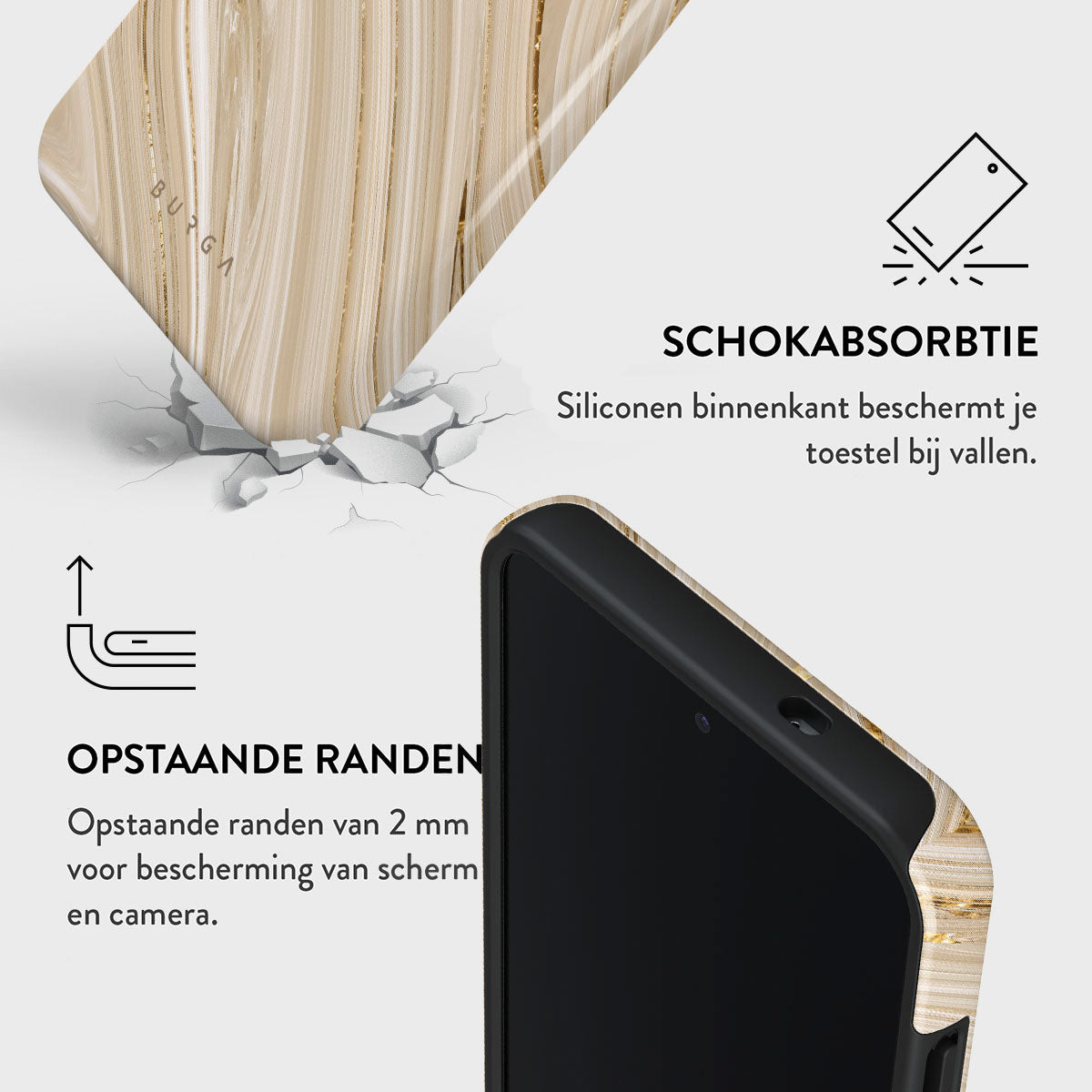 Une coque de téléphone avec un motif en bois est présentée. Le texte indique 'absorption des chocs' et 'bords surélevés' pour la protection de l'écran et de la caméra.