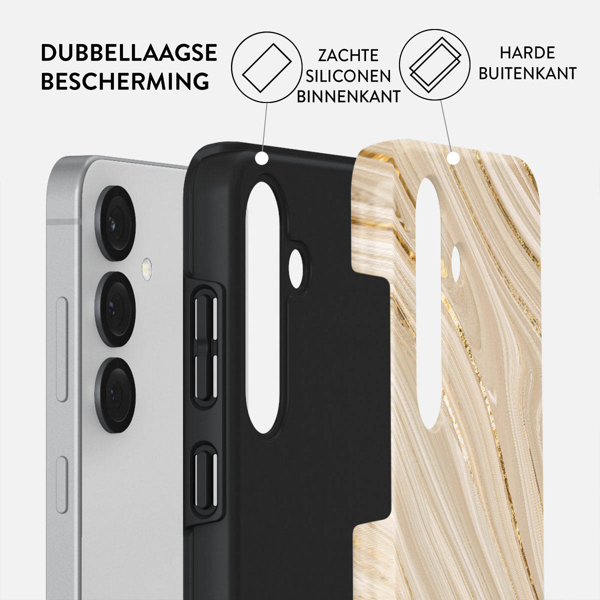 Un étui de téléphone est montré en couches. Il possède une couche intérieure en silicone souple, une couche extérieure dure et l'arrière du téléphone.