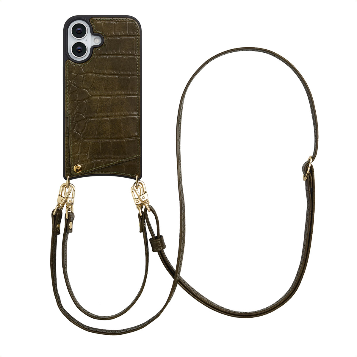 Een groene telefoonhoes met een band. De hoes heeft een textuuroppervlak en goudkleurige sluitingen. De band is lang en dun.