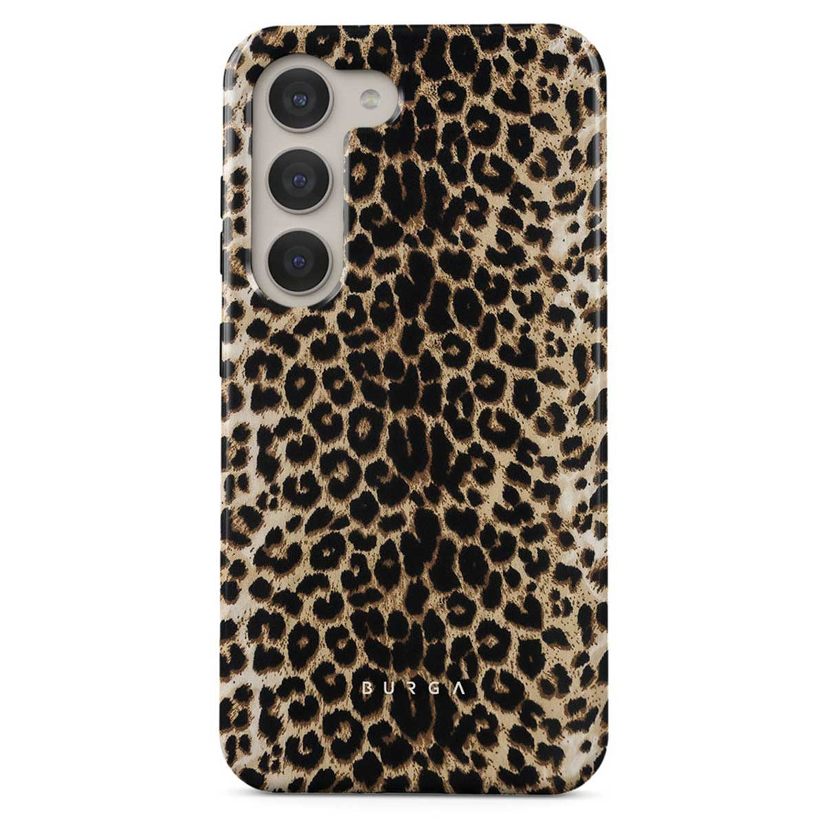 Une coque de téléphone avec un motif léopard. Elle présente des taches marron et noires sur un fond beige. La marque BURGA est visible.