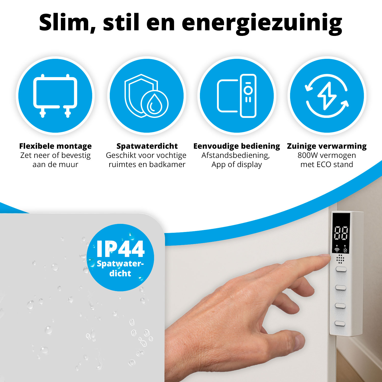Een afbeelding met tekst over een elektrische kachel. Hand raakt het paneel aan. Pictogrammen en tekst die de functies beschrijven, worden weergegeven.
