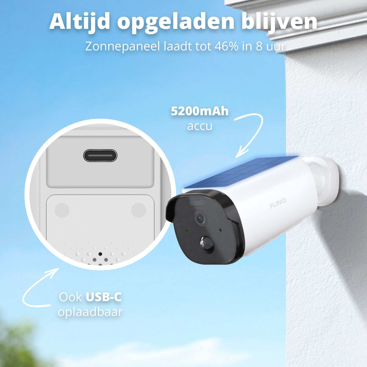 Eine weiße Überwachungskamera mit Solarpanel ist an einer weißen Wand montiert. Das Bild zeigt auch einen USB-C-Anschluss und Batteriedetails.