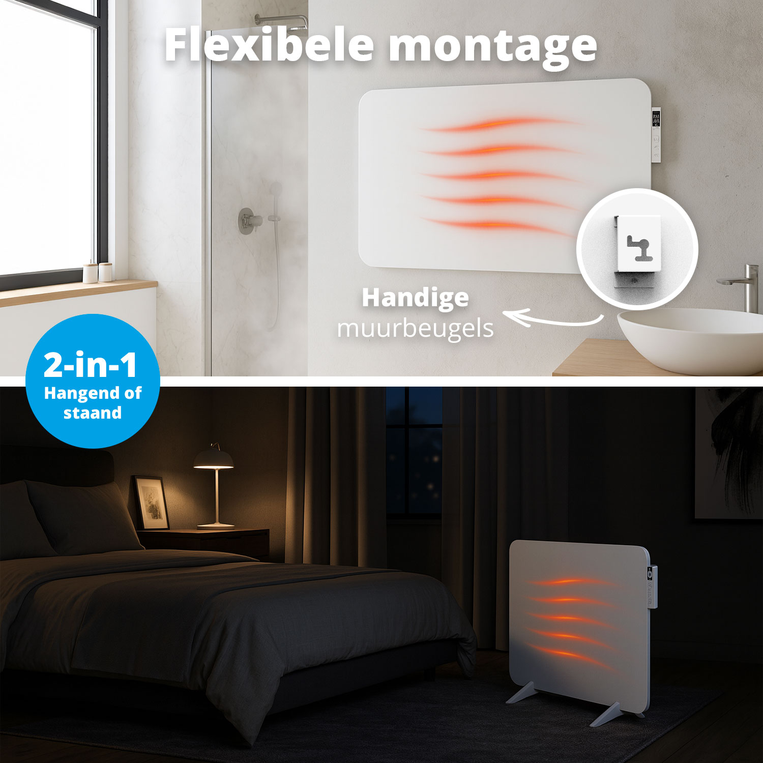 Een witte kachel wordt getoond in een badkamer en een slaapkamer. Het heeft oranje lijnen die warmte aangeven. Het kan worden gemonteerd of staan.