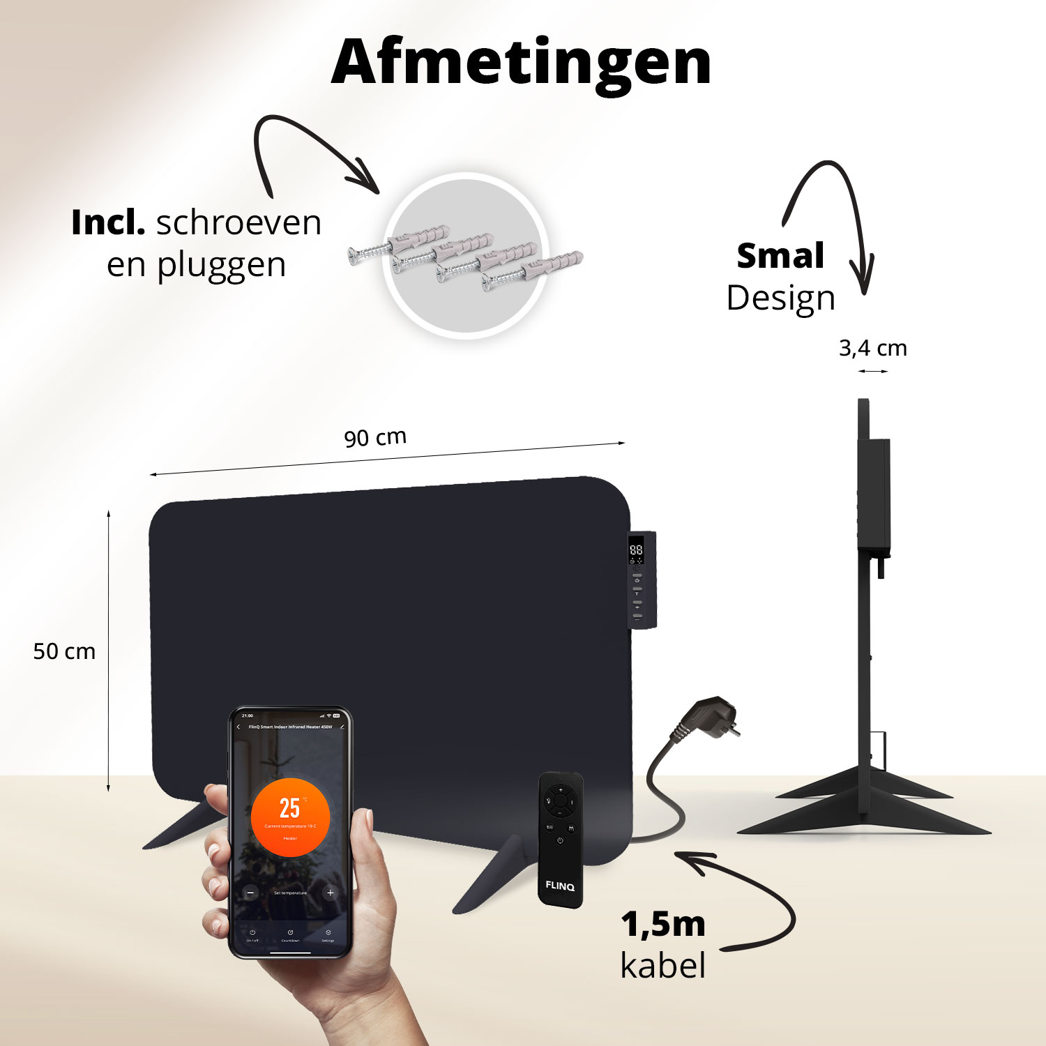 Ein schwarzer Heizkörper mit Abmessungen, ein Telefon mit 25 Grad, Schrauben, eine Fernbedienung und ein Netzkabel.