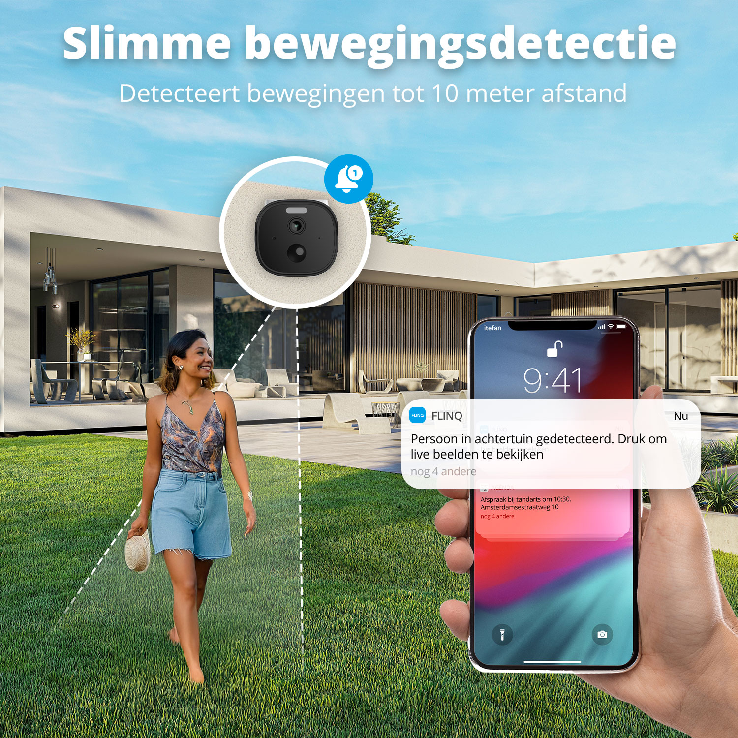 Eine Frau geht auf Gras. Ein Handy zeigt eine Benachrichtigung über Bewegungserkennung im Garten. Eine Überwachungskamera wird gezeigt.