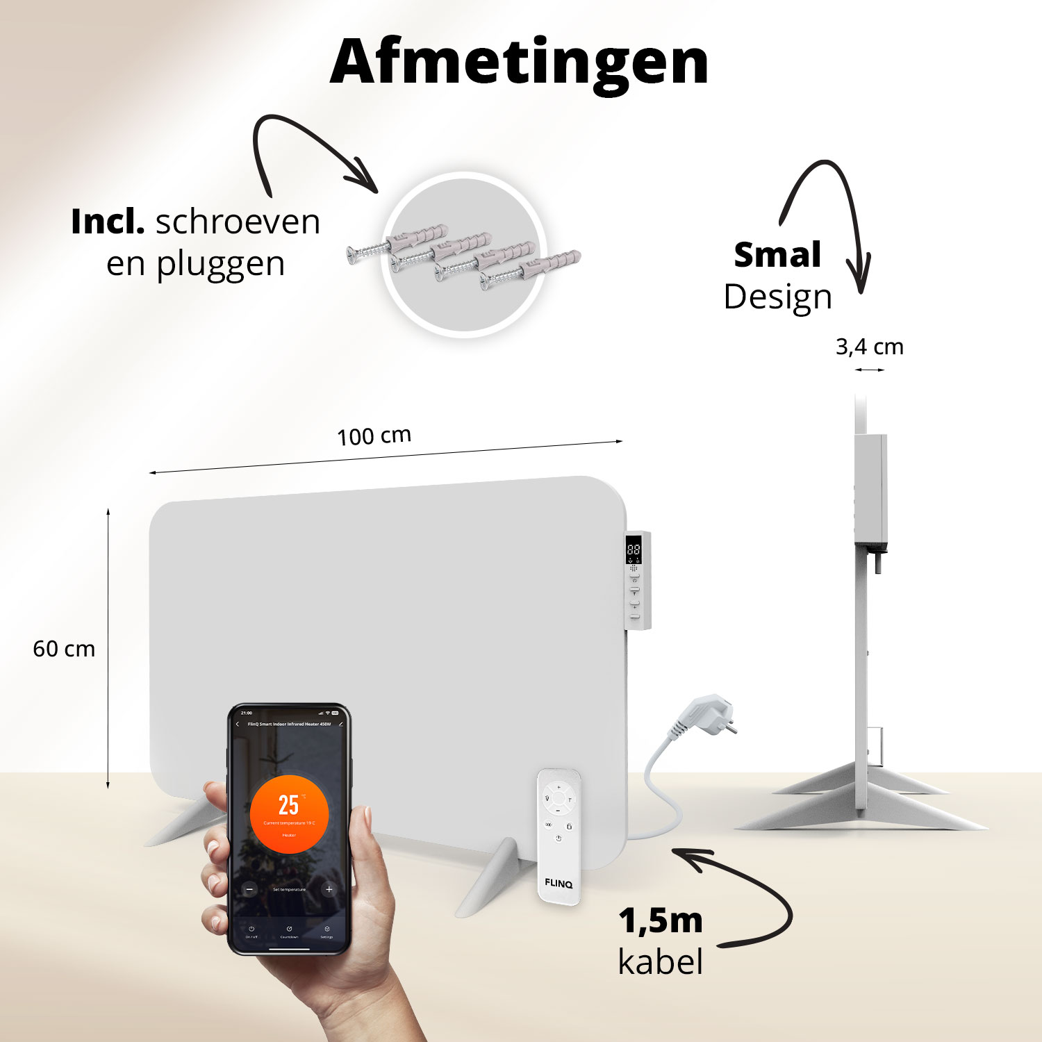 Een wit paneelverwarming met afmetingen. Een telefoon toont de temperatuur. Inclusief schroeven en pluggen. Een afstandsbediening en een kabel.