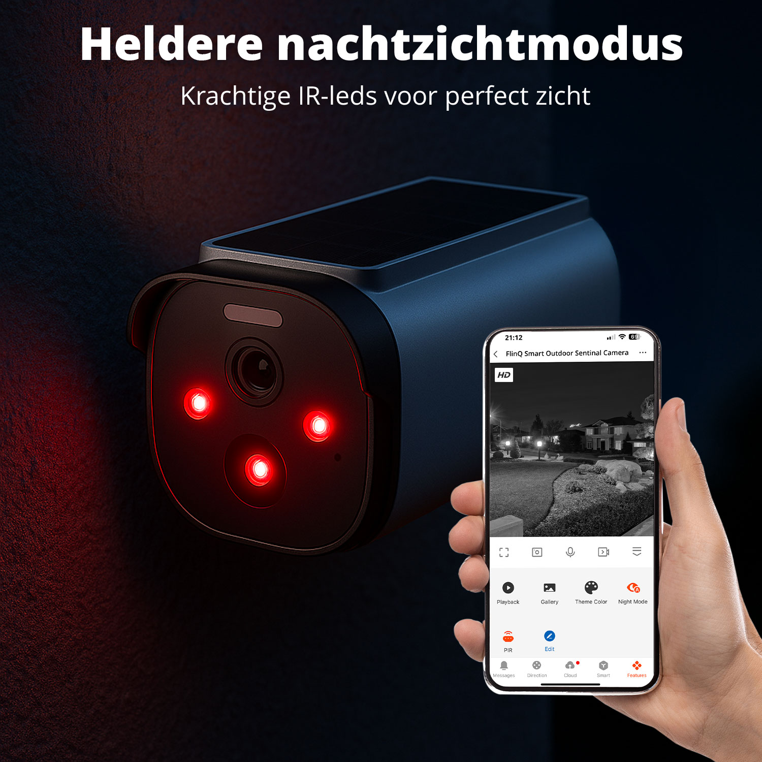 Eine Überwachungskamera mit roten Lichtern wird gezeigt. Ein Smartphone zeigt eine Nachtsichtansicht, gehalten von einer Hand.