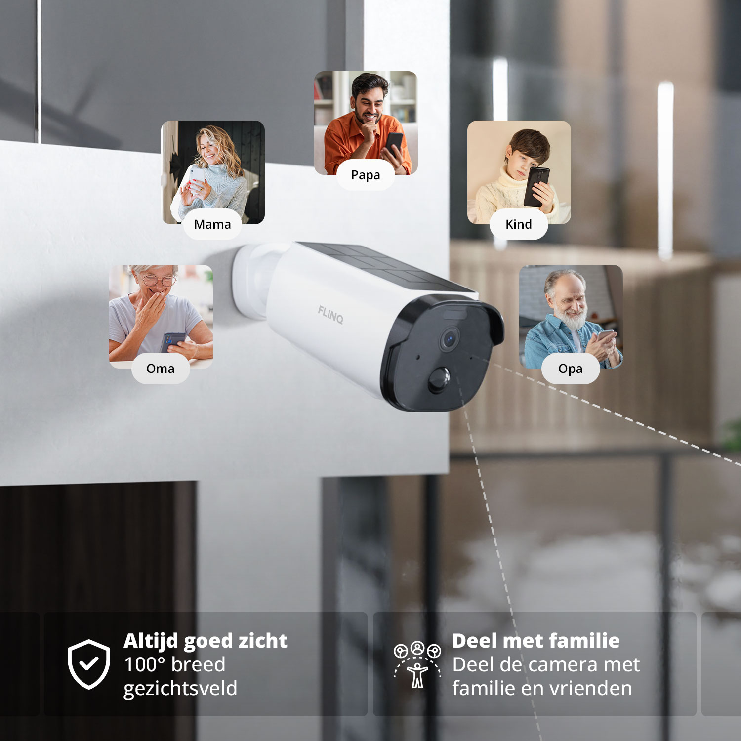 Eine Überwachungskamera mit Familienmitgliedern, die Telefone benutzen. Text zeigt weite Sicht und Teilen mit der Familie.