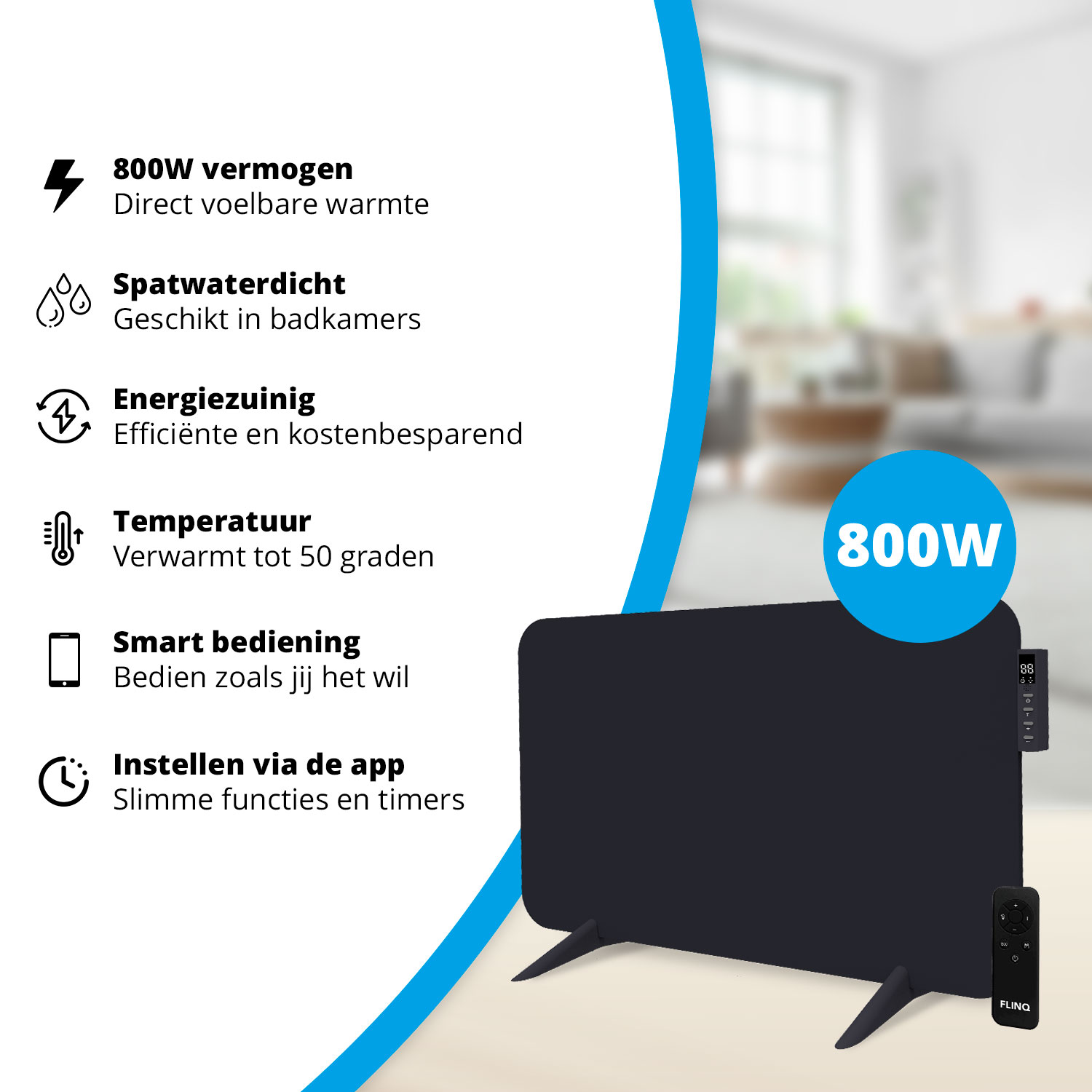 Ein schwarzer Heizkörper mit Fernbedienung. Text beschreibt Funktionen wie Leistung, Wasserdichtigkeit, Energieeffizienz, Temperatur, Smart-Steuerung und App-Einstellungen.