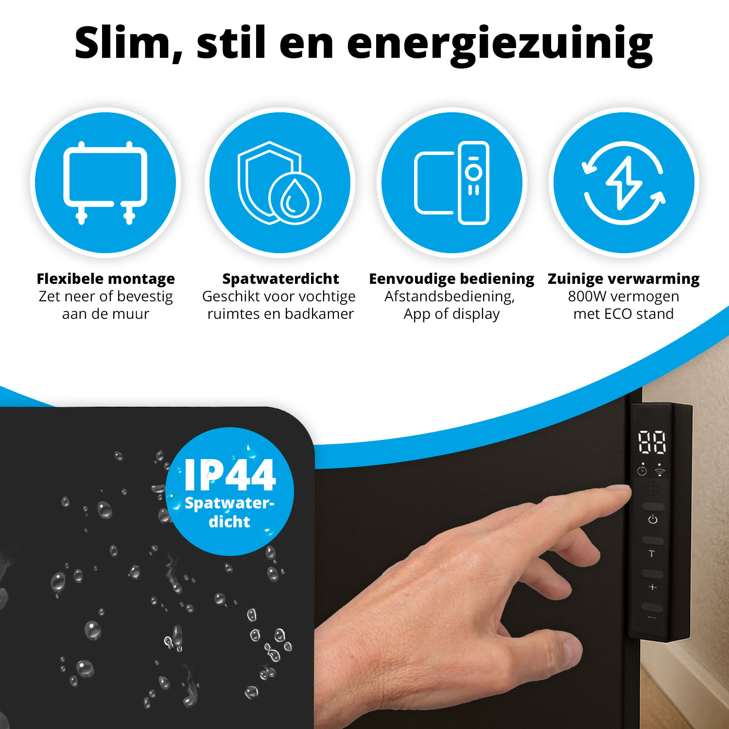 Eine Hand berührt ein schwarzes Bedienfeld mit Knöpfen und einem Display. Der Text beschreibt Funktionen wie wasserdicht und energieeffizient.