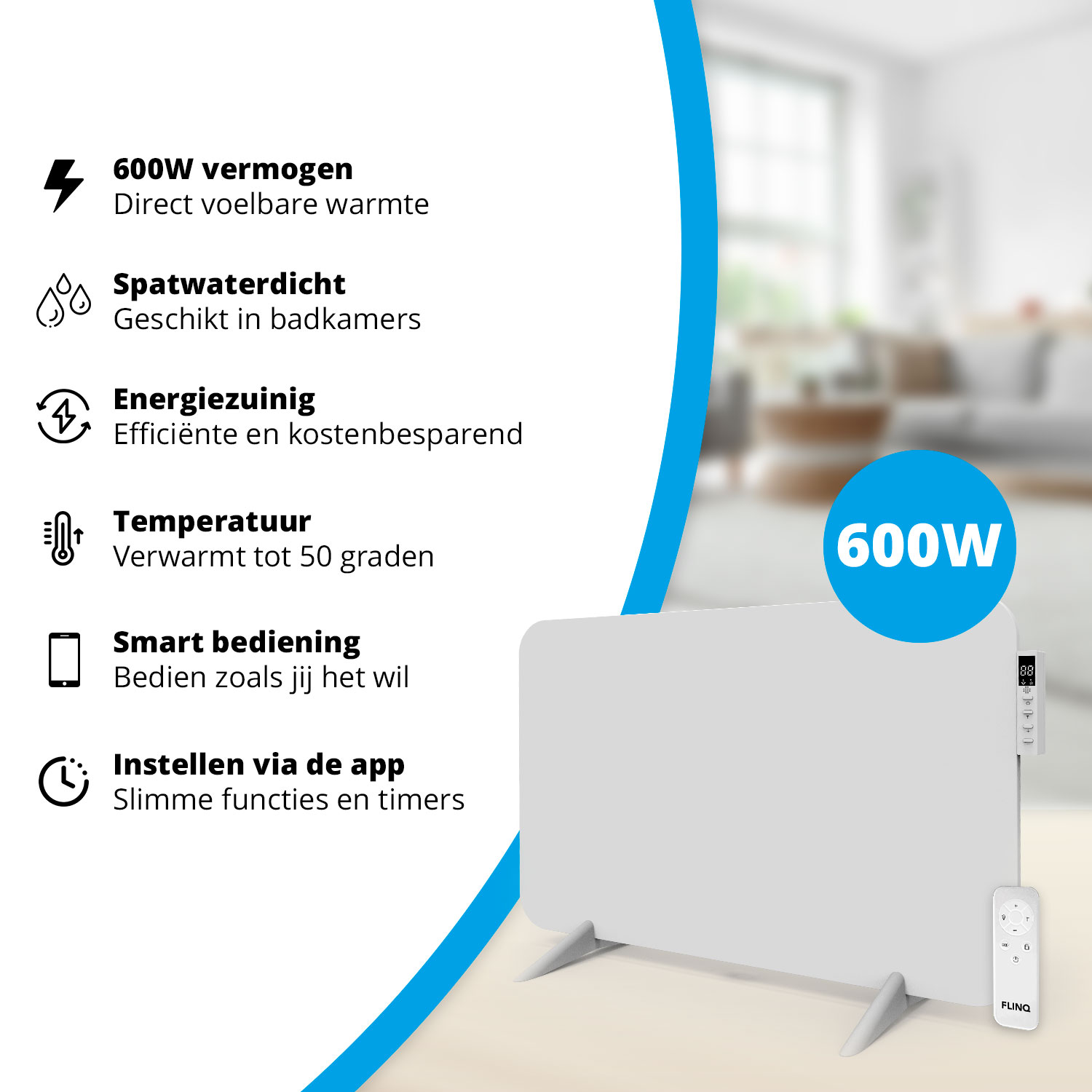 Witte elektrische verwarming met afstandsbediening. Kenmerken: 600W, waterdicht, energiezuinig, slimme bediening en app-instellingen.