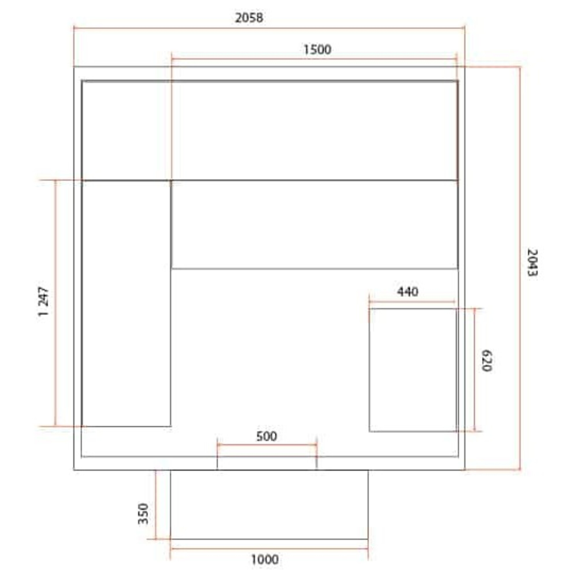 Diagrama que muestra las dimensiones y la distribución de un espacio rectangular. Las medidas están en milímetros.