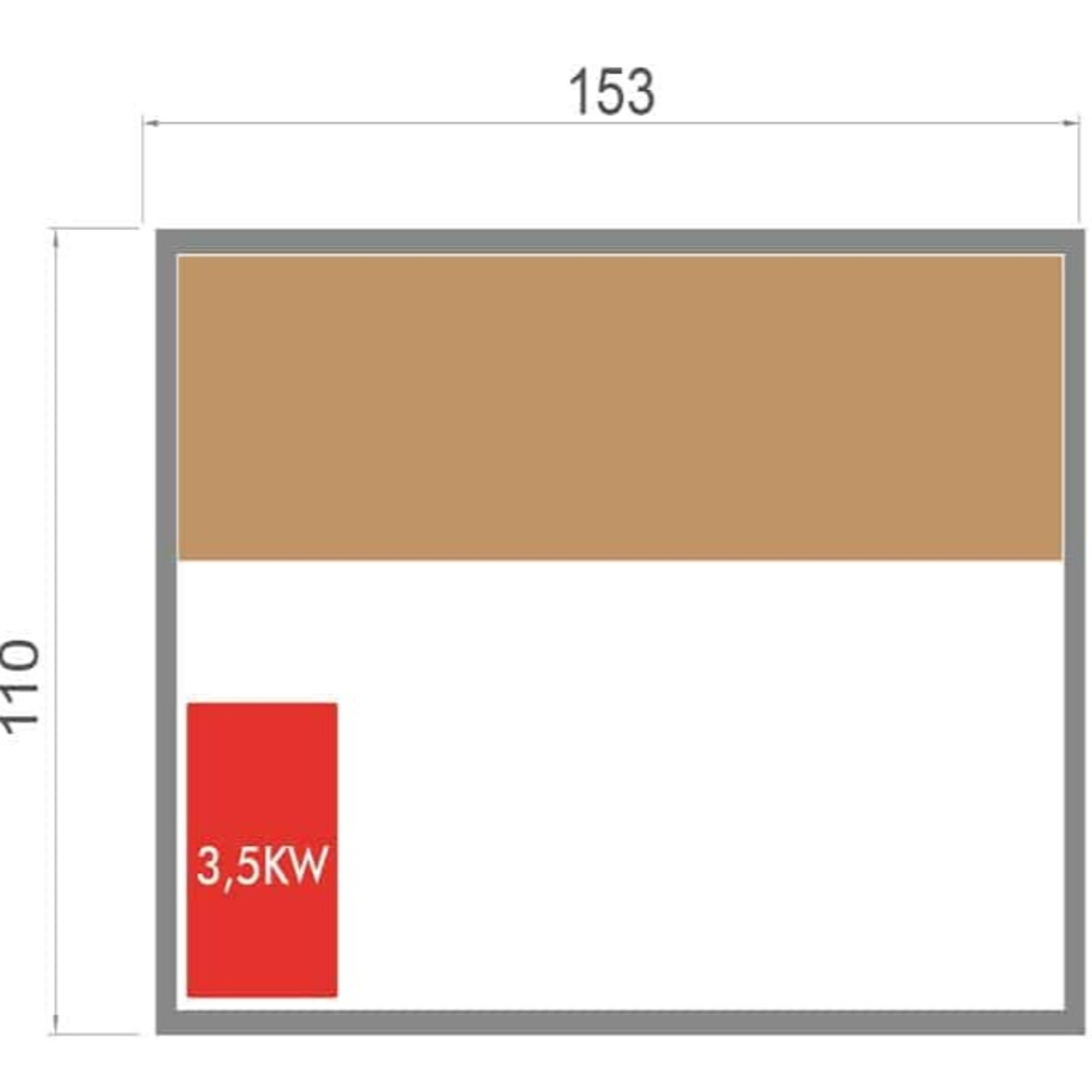 Diagrama con dimensiones. La sección superior es marrón claro, la inferior blanca con un rectángulo rojo con '3,5KW'.
