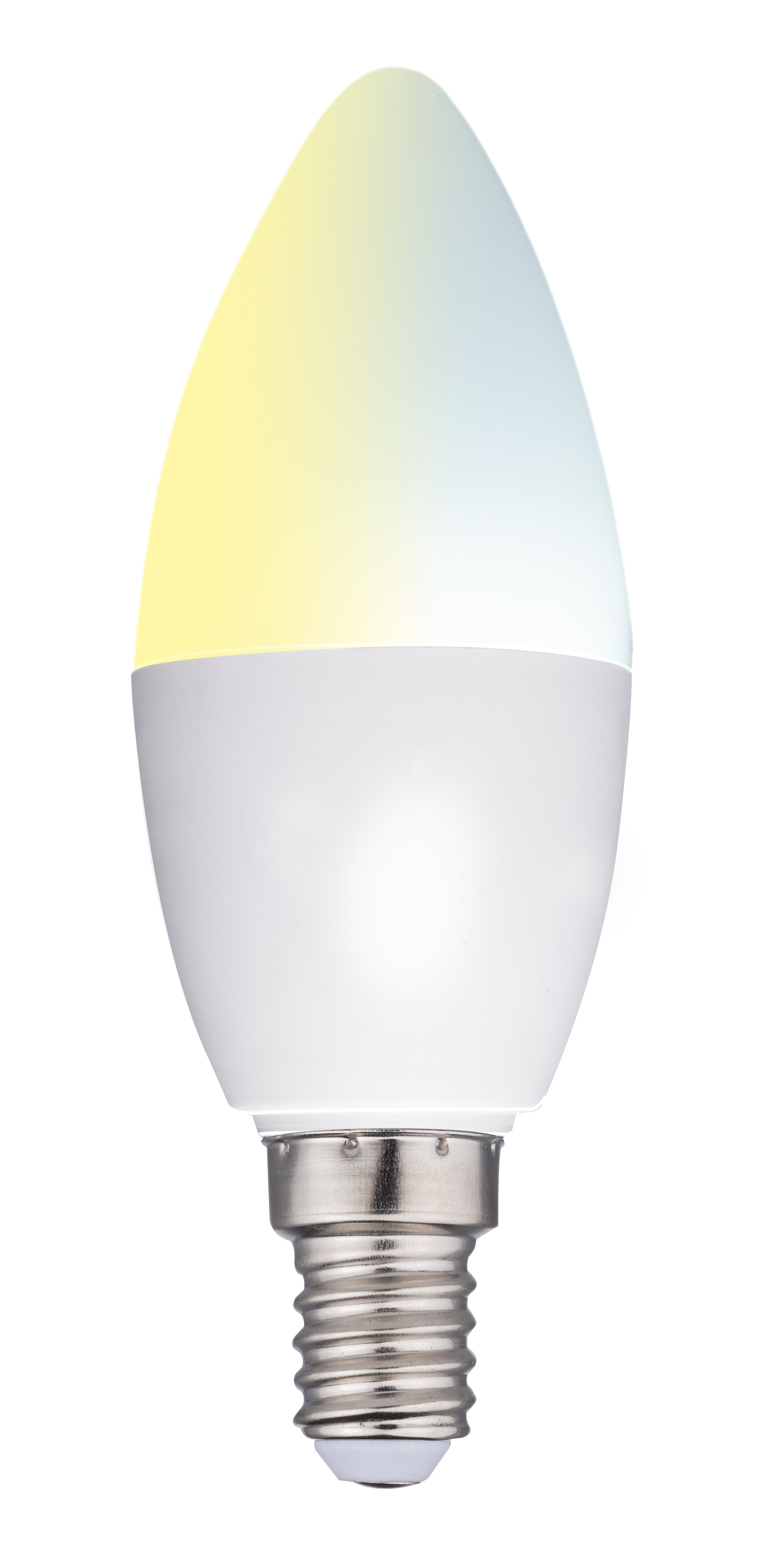 Una lampadina bianca con base argentata. La parte superiore ha una sfumatura dal giallo al blu. Sfondo nero.
