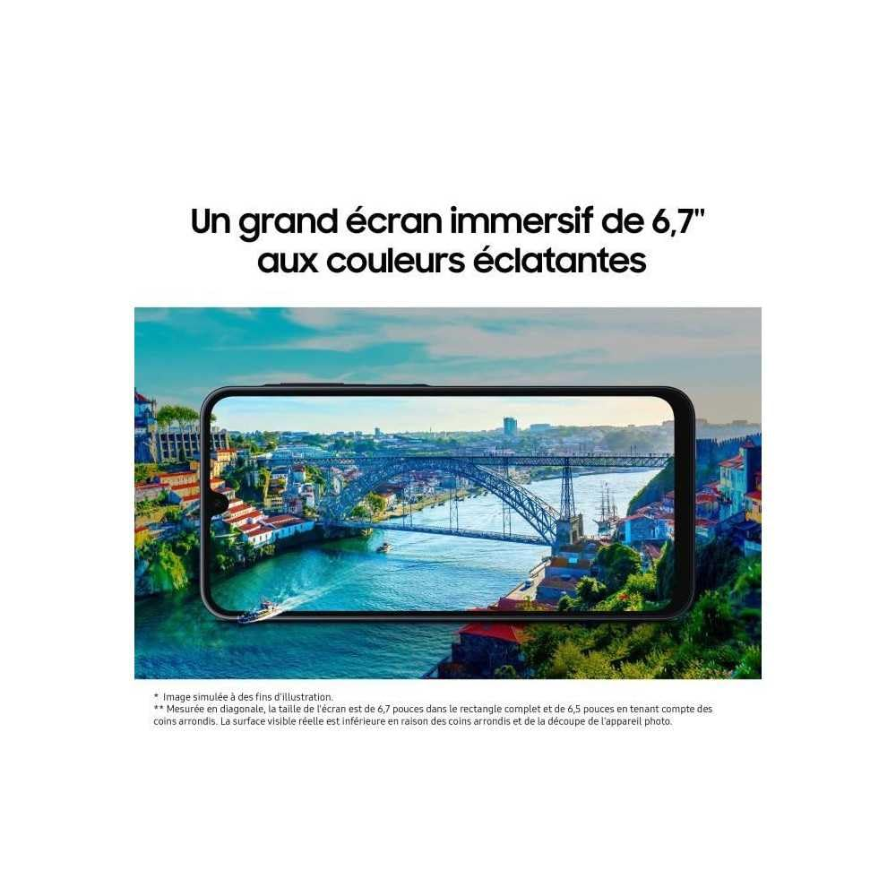Una pantalla de teléfono muestra una ciudad con un puente sobre un río. El texto superior dice: 'Pantalla inmersiva de 6,7 pulgadas'.