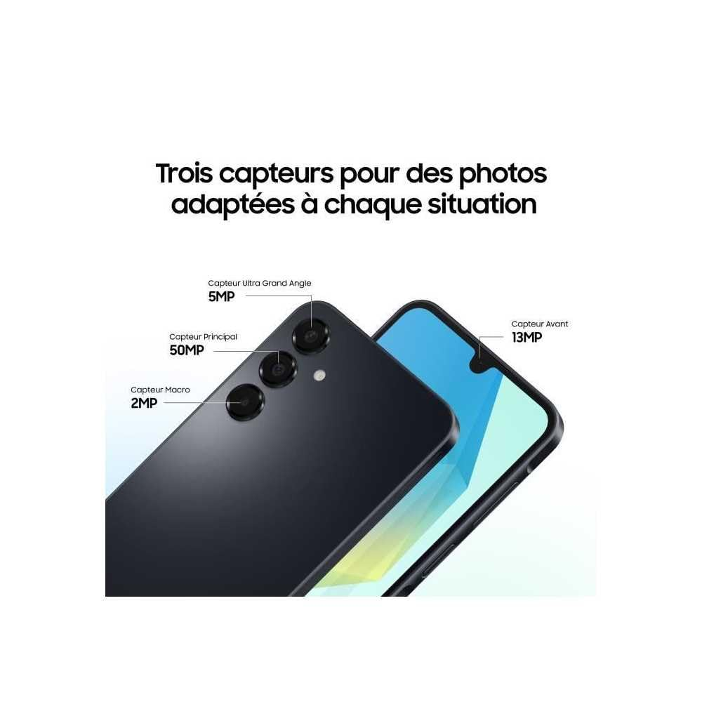 Un smartphone oscuro muestra tres cámaras traseras y una frontal, con texto que describe sus MP. Arriba dice 'Tres sensores'.