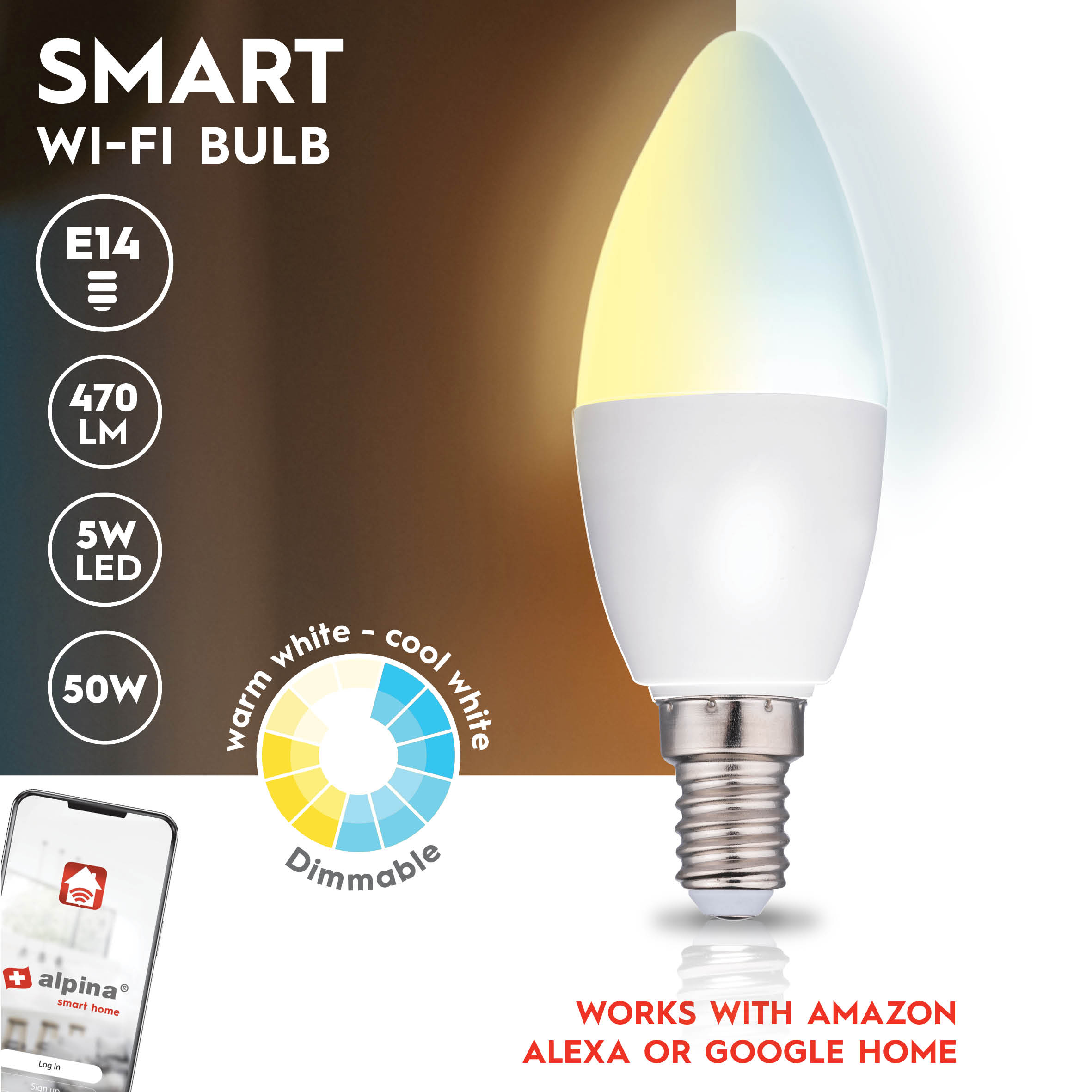 Una lampadina Wi-Fi intelligente con corpo bianco e luce giallo-bianca. Include dettagli come E14, 470 LM, 5W LED e funziona con Alexa.