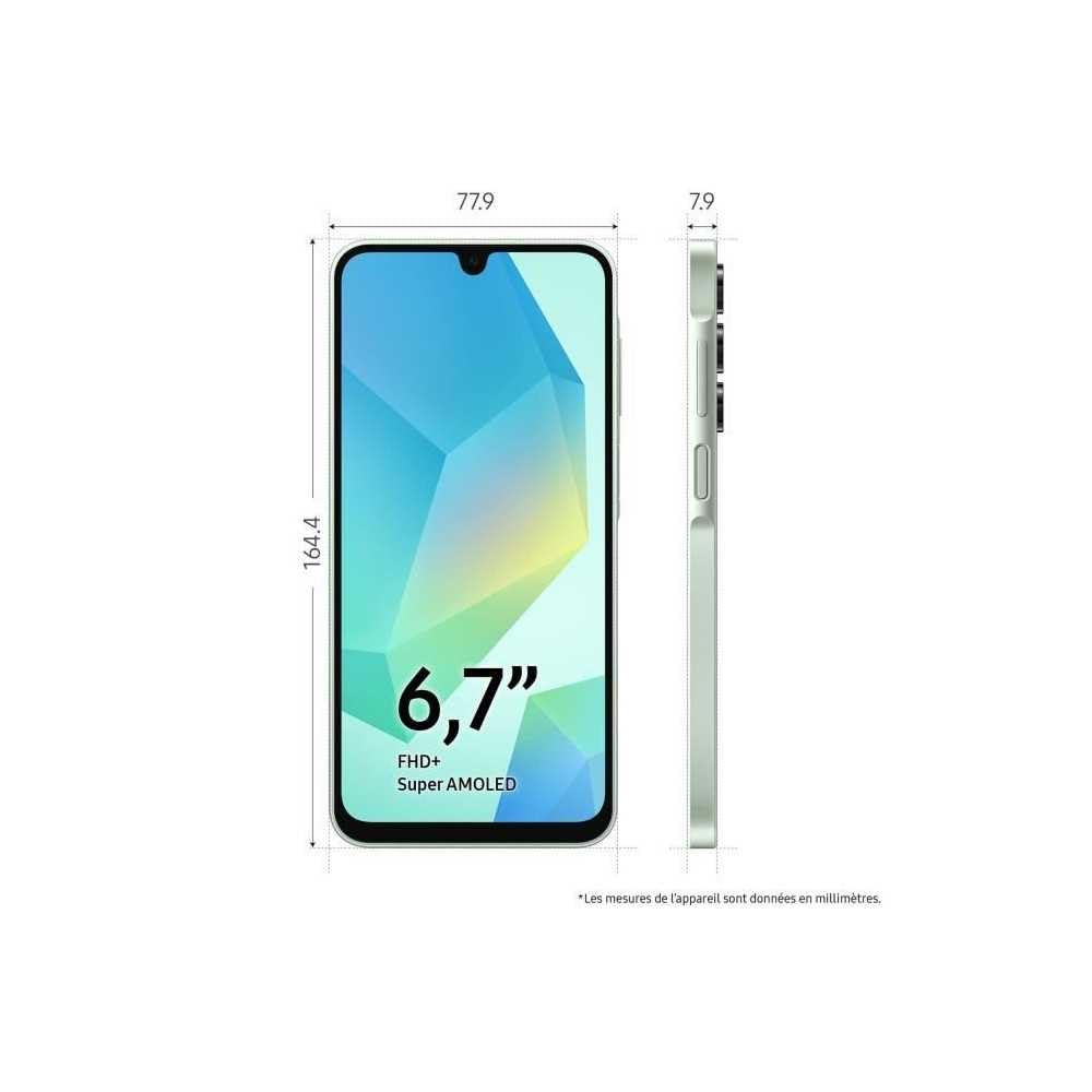 Ein Smartphone mit 6,7" Bildschirm und beschrifteten Maßen. Anzeige zeigt farbenfrohes abstraktes Muster. Seitenansicht zeigt die Dicke.