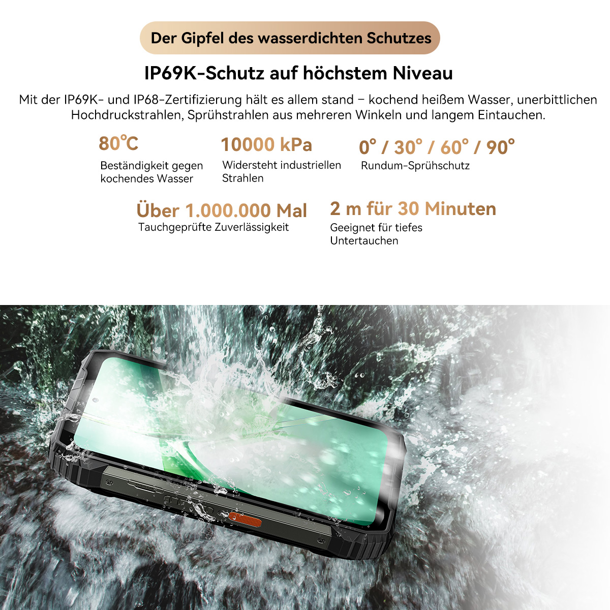 Ein schwarzes Telefon im Wasser, das seine Wasserdichtigkeit mit Textbeschriftungen zeigt.