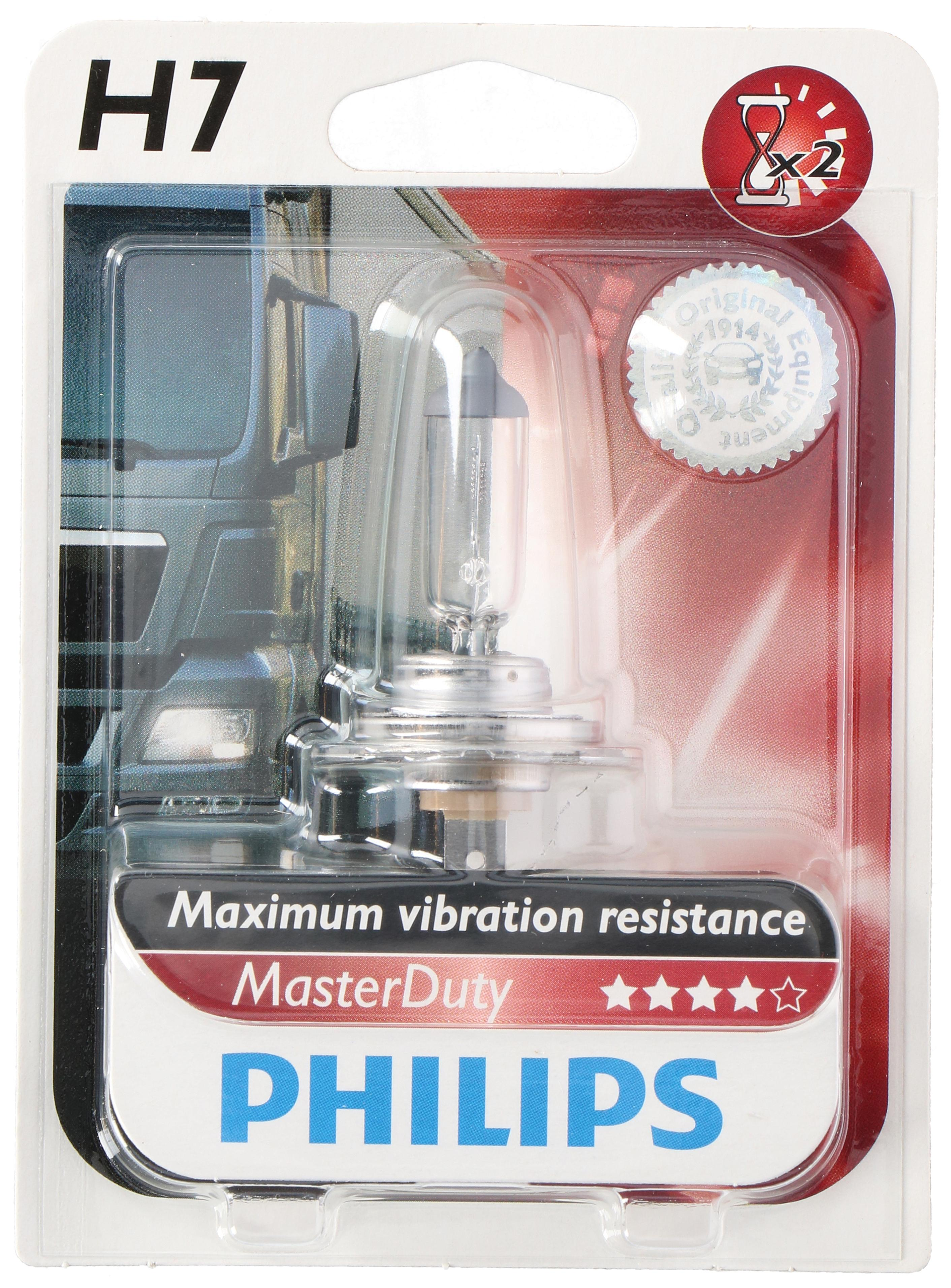 Confezione per una lampadina H7 per auto. Presenta una lampadina, il marchio Philips e un'immagine di camion.