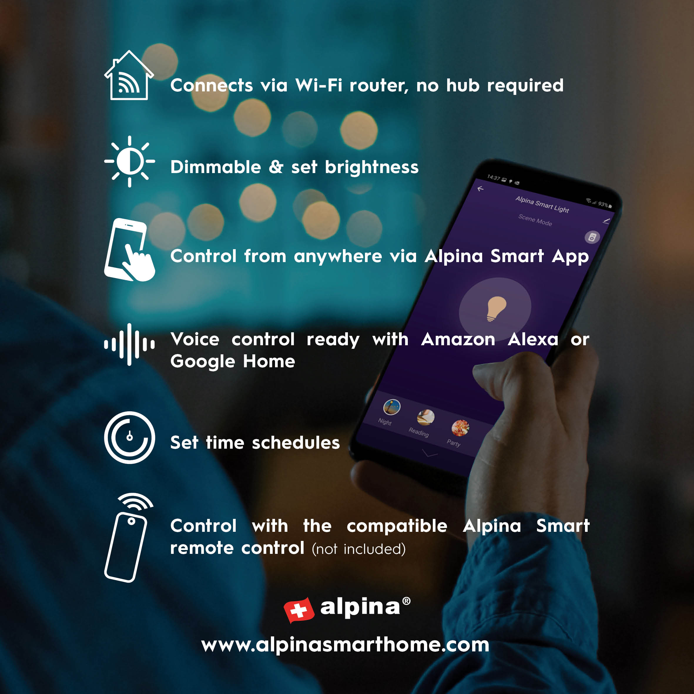 Mano che tiene un telefono con opzioni di controllo della luce. Caratteristiche: WiFi, controllo vocale, orari.