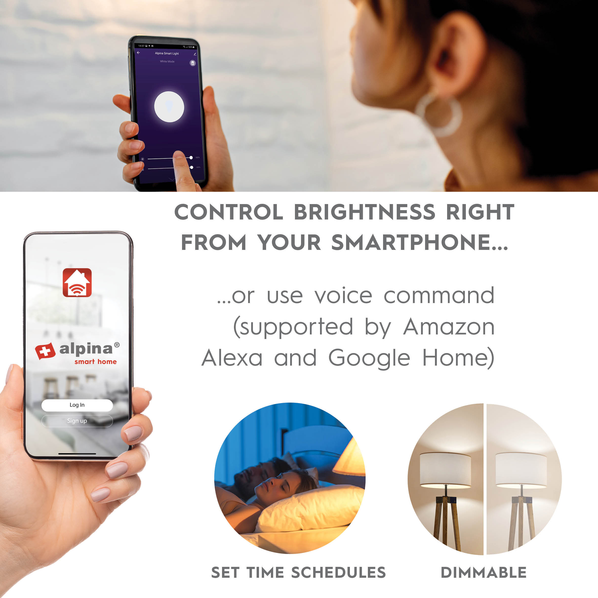 L'immagine mostra uno smartphone che controlla la luce, con opzioni di programmazione e dimmerazione, più una persona.