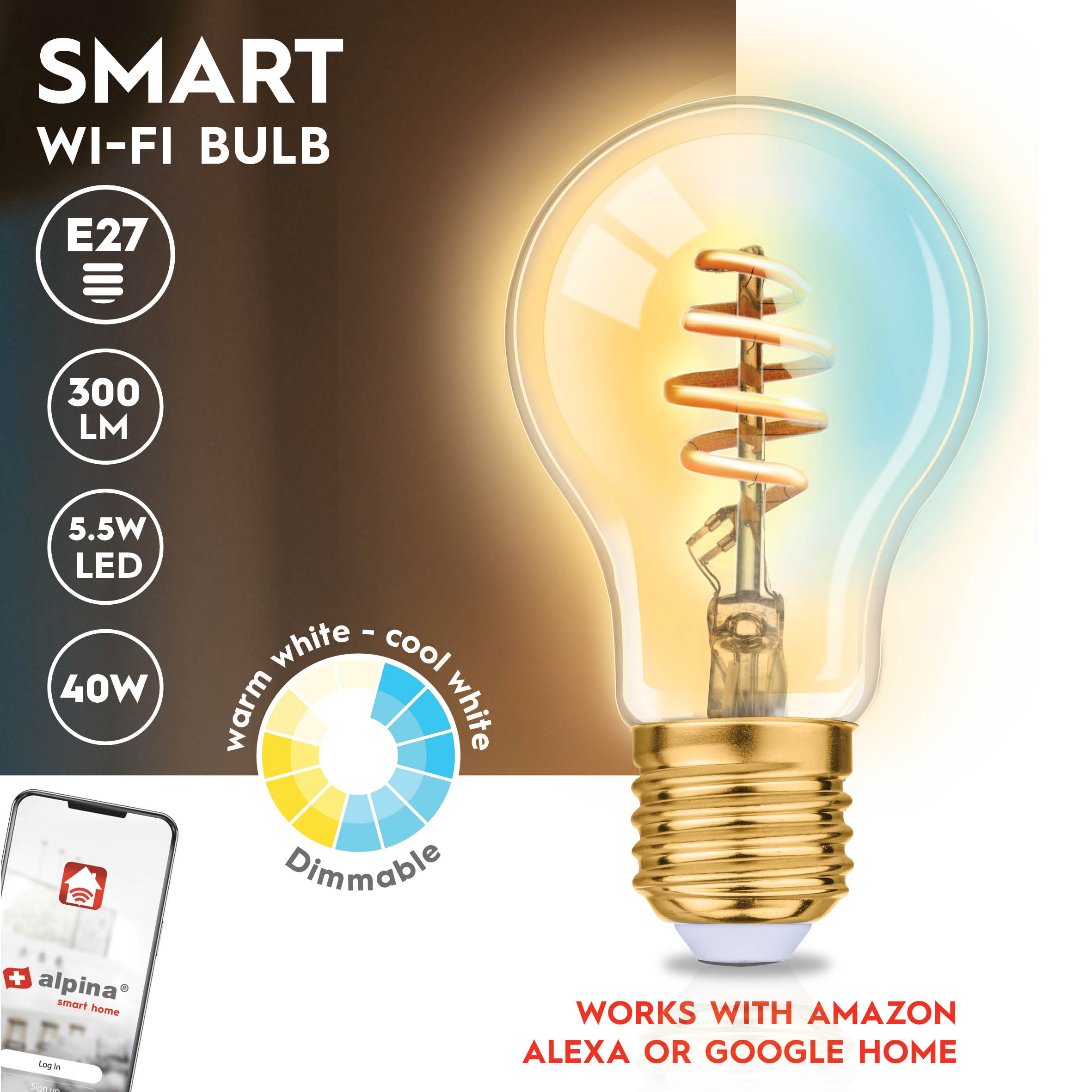 Una lampadina Wi-Fi intelligente con attacco E27, che mostra le specifiche e uno smartphone. È dimmerabile e funziona con Alexa o Google Home.