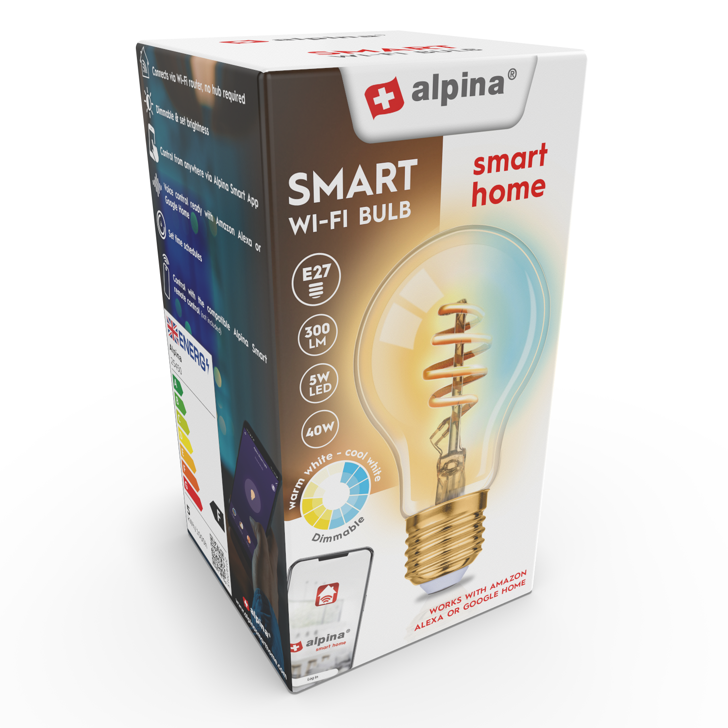 È mostrata una scatola per una lampadina intelligente Wi-Fi. Ha il logo e il testo alpina. La lampadina è al centro.