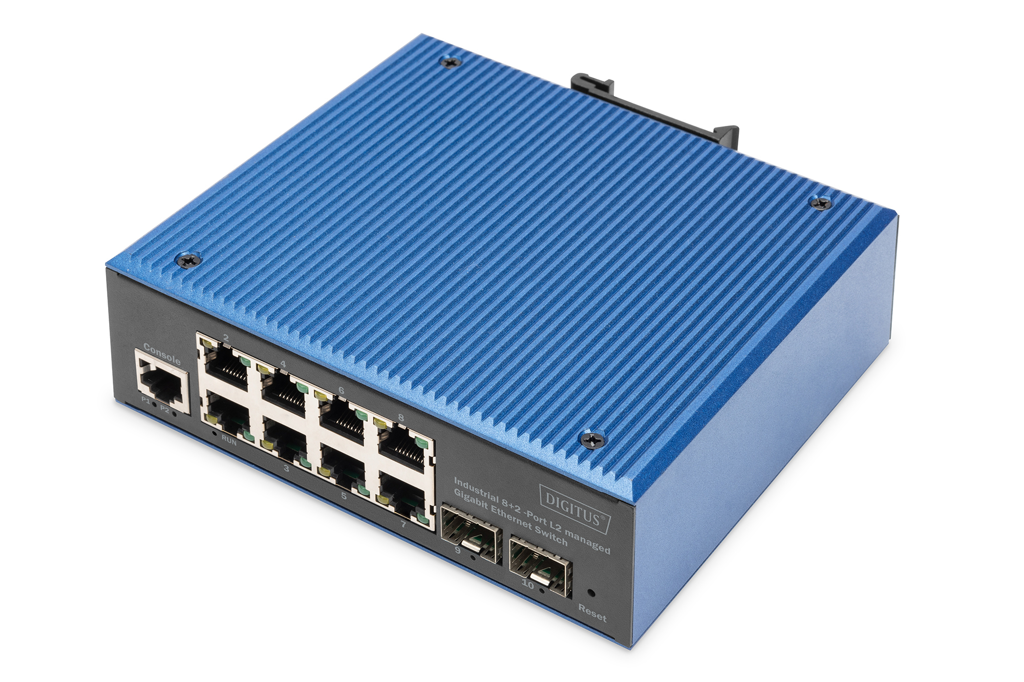 Uno switch Ethernet blu e grigio. Ha più porte e il marchio è Digitus.