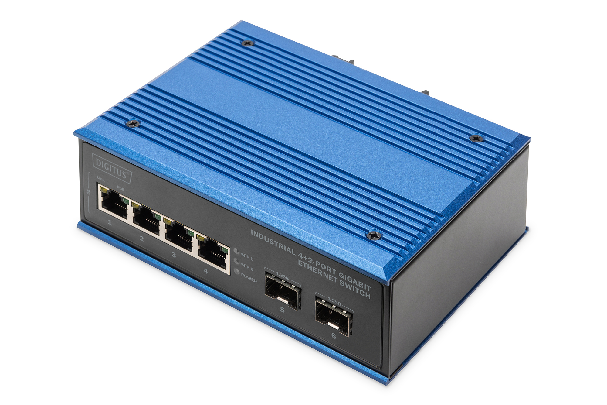 Switch Ethernet industriale blu e nero. Ha più porte e il marchio è Digitus. È su una superficie bianca.