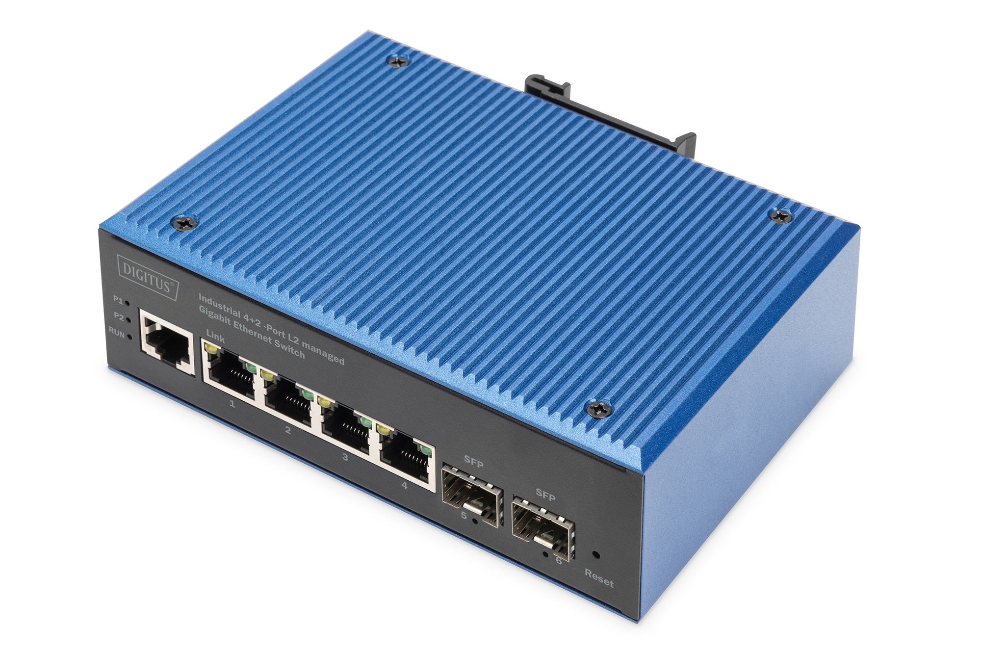 Uno switch Ethernet blu e nero. Ha più porte ed è visibile il marchio DIGITUS.