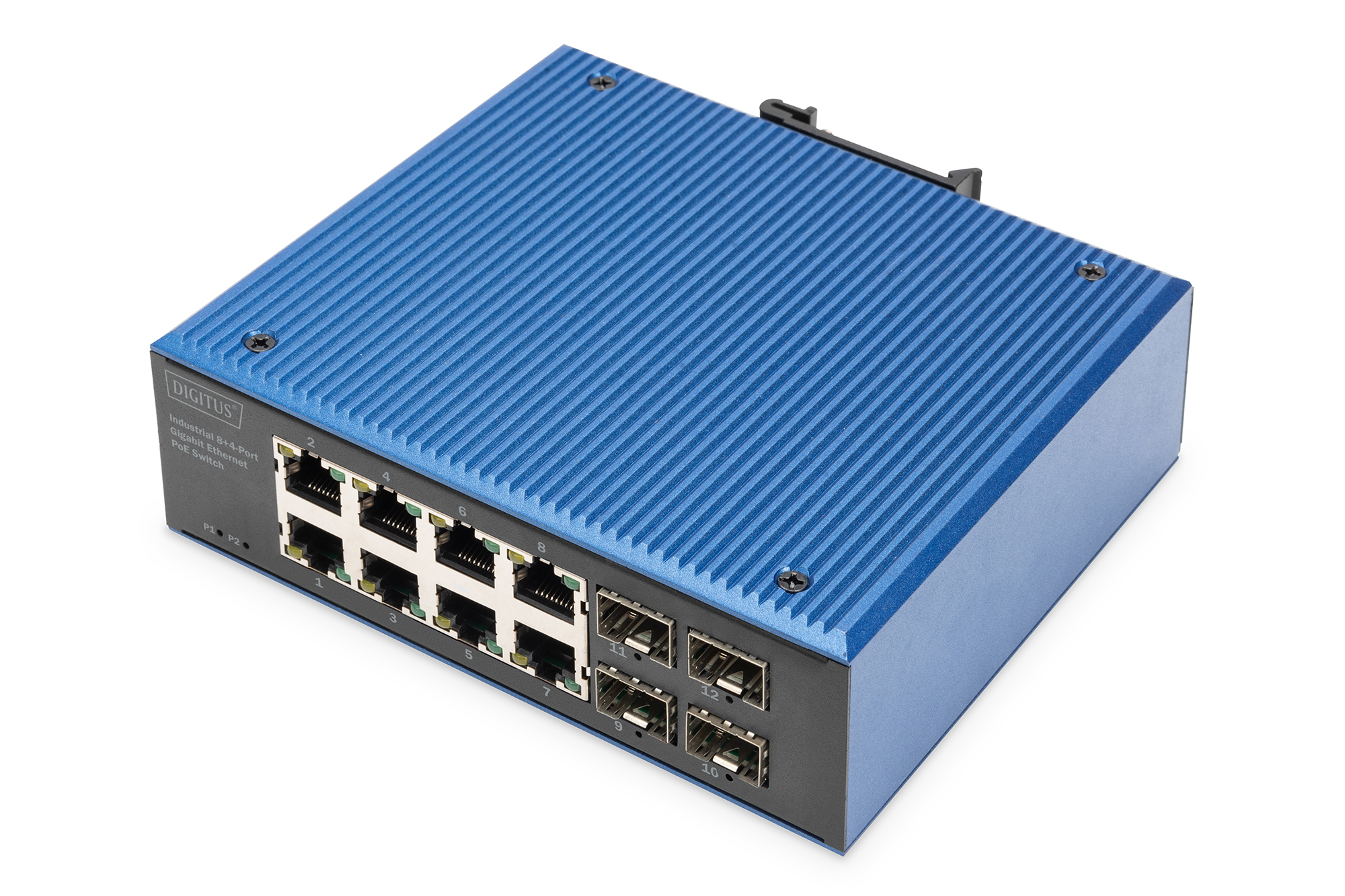 Uno switch Ethernet Gigabit Digitus blu con più porte è su una superficie bianca. Lo switch è etichettato e ha varie porte.