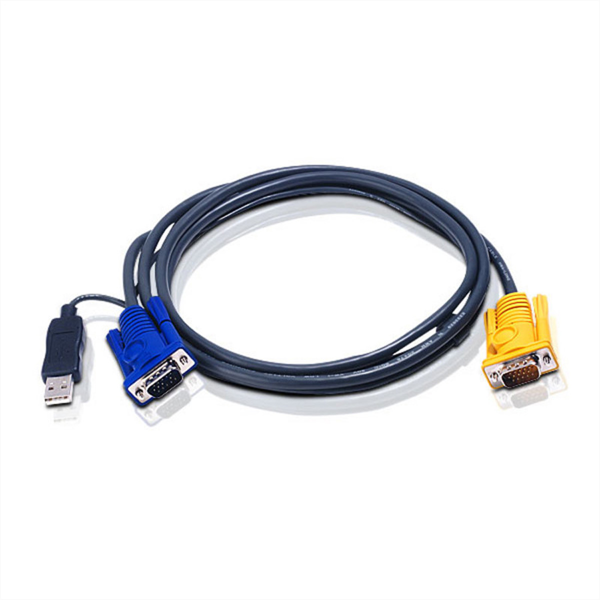 Un cavo grigio con connettori USB e VGA. Un connettore VGA è blu, l'altro giallo. Tutto su una superficie bianca.